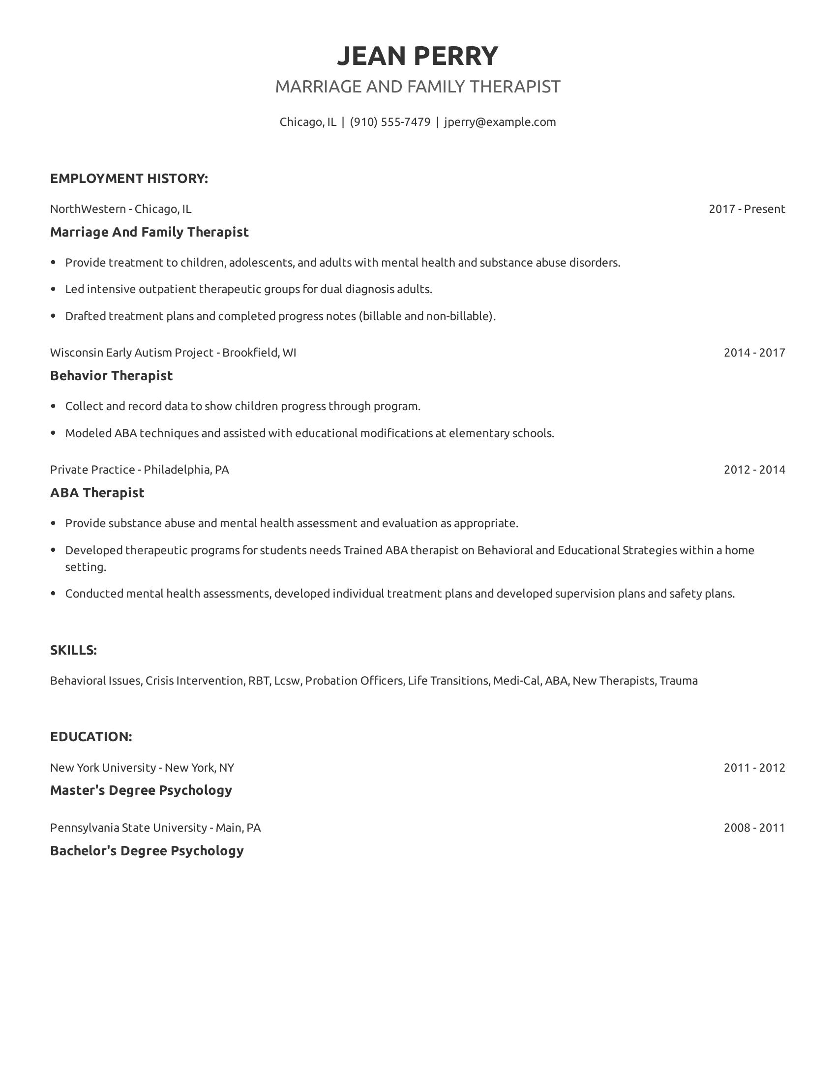 Marriage And Family Therapist resume example