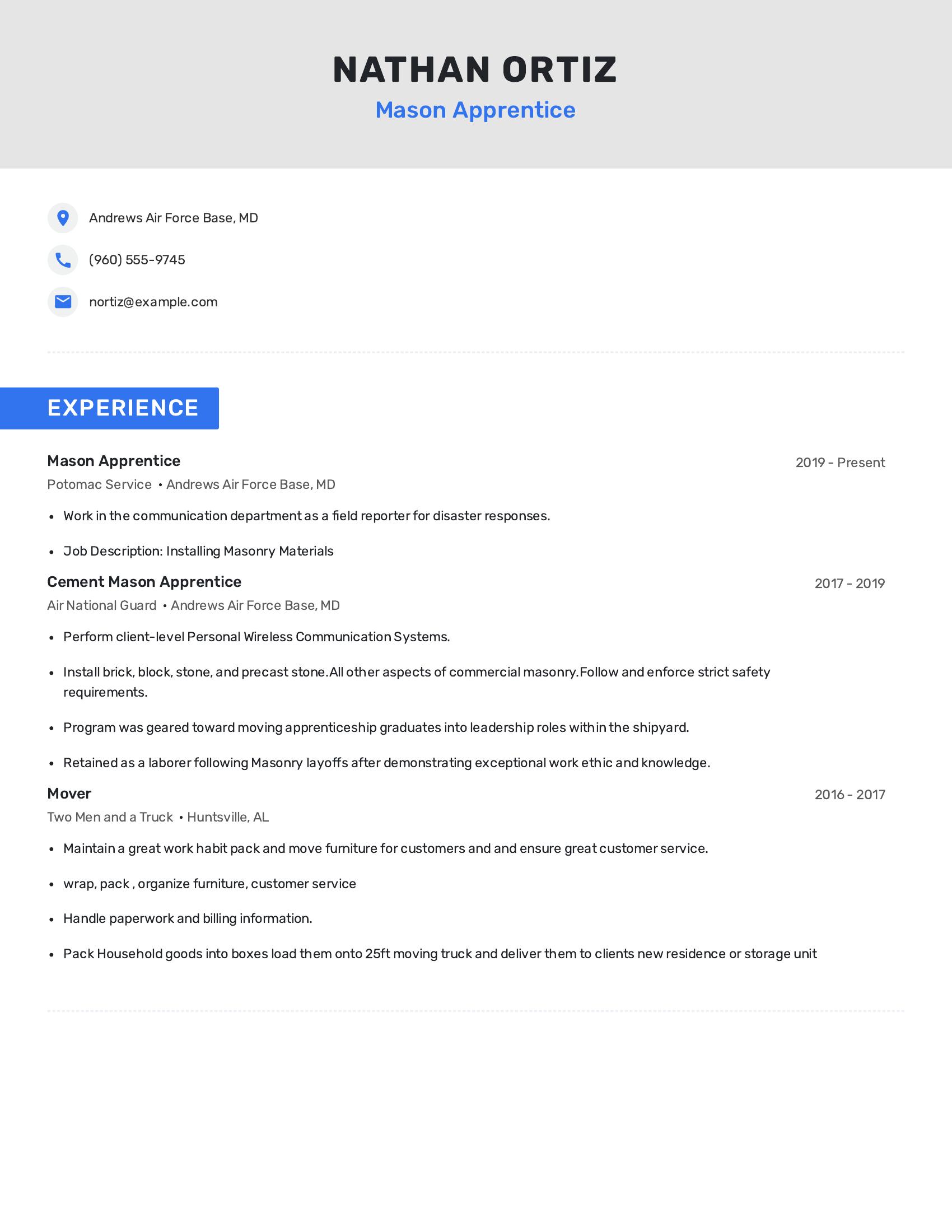 Mason Apprentice resume example