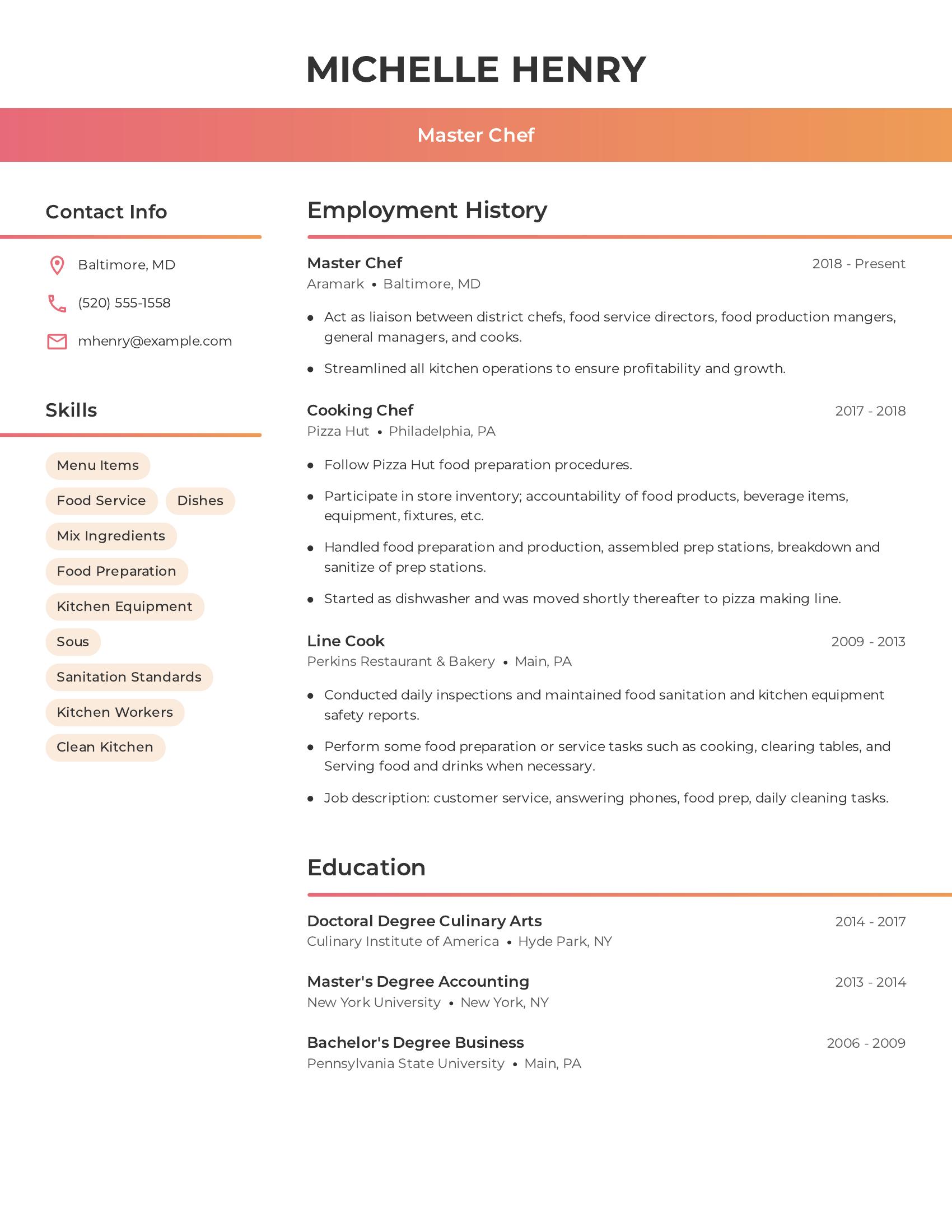 Master Chef resume example