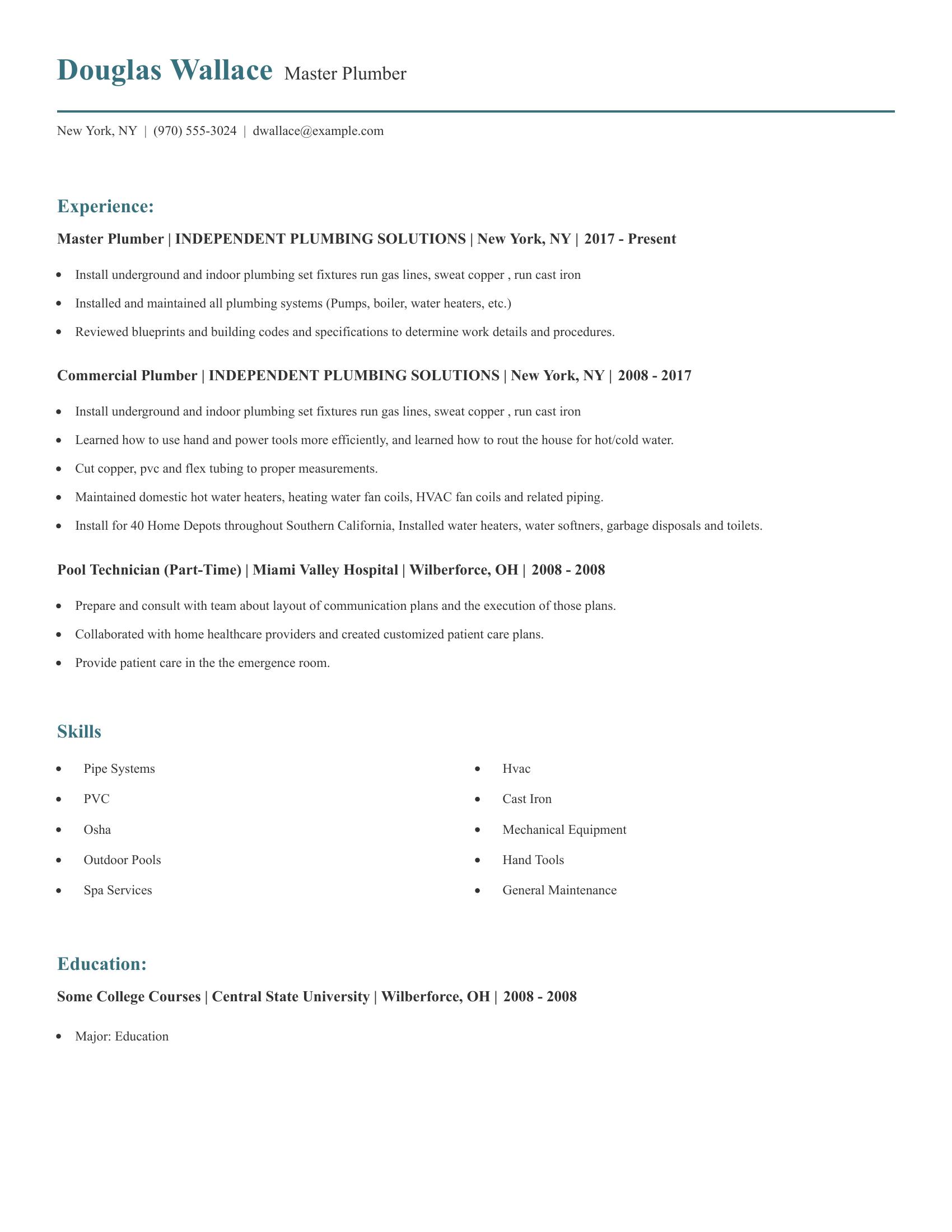 Master Plumber resume example