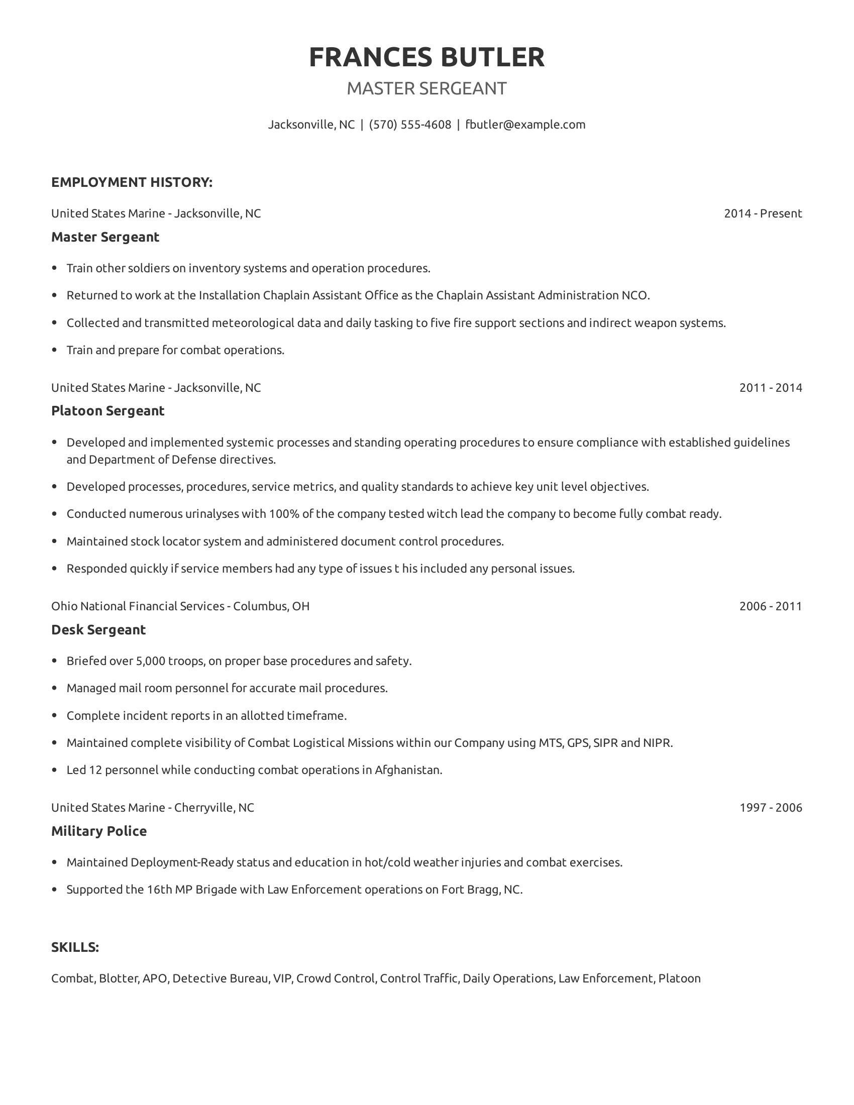 Master Sergeant resume example