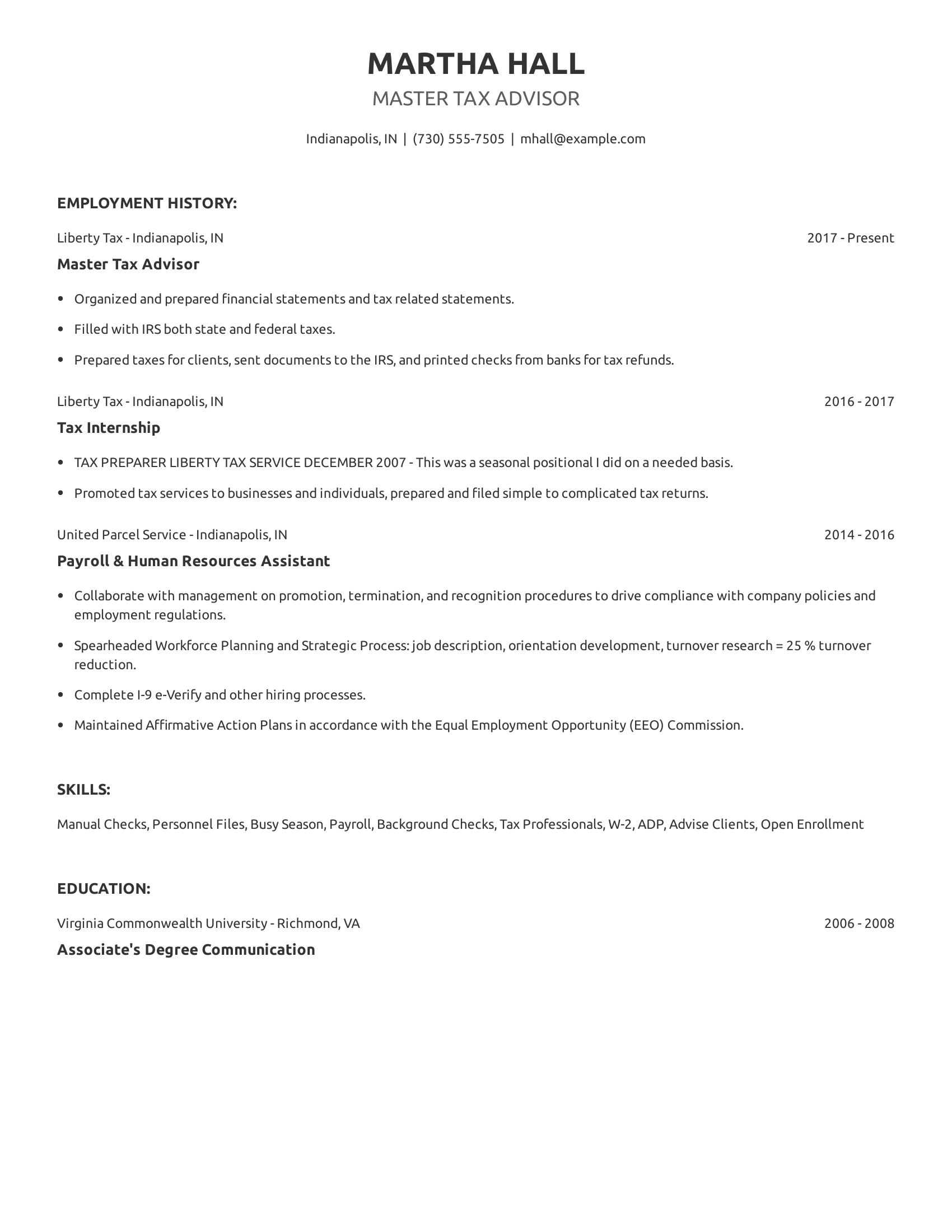 Master Tax Advisor resume example