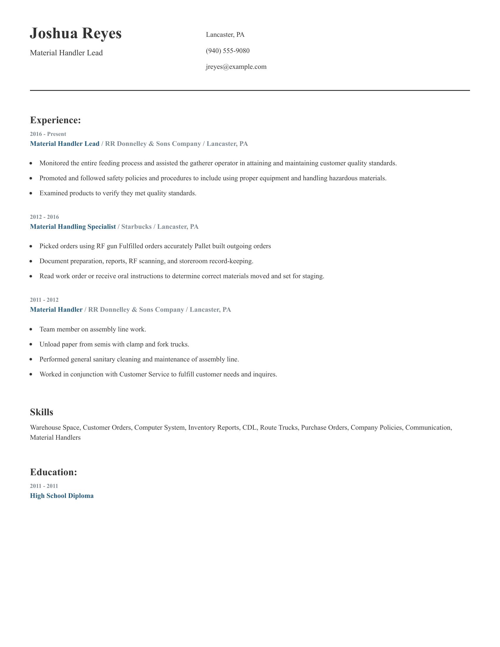 Material Handler Lead resume example