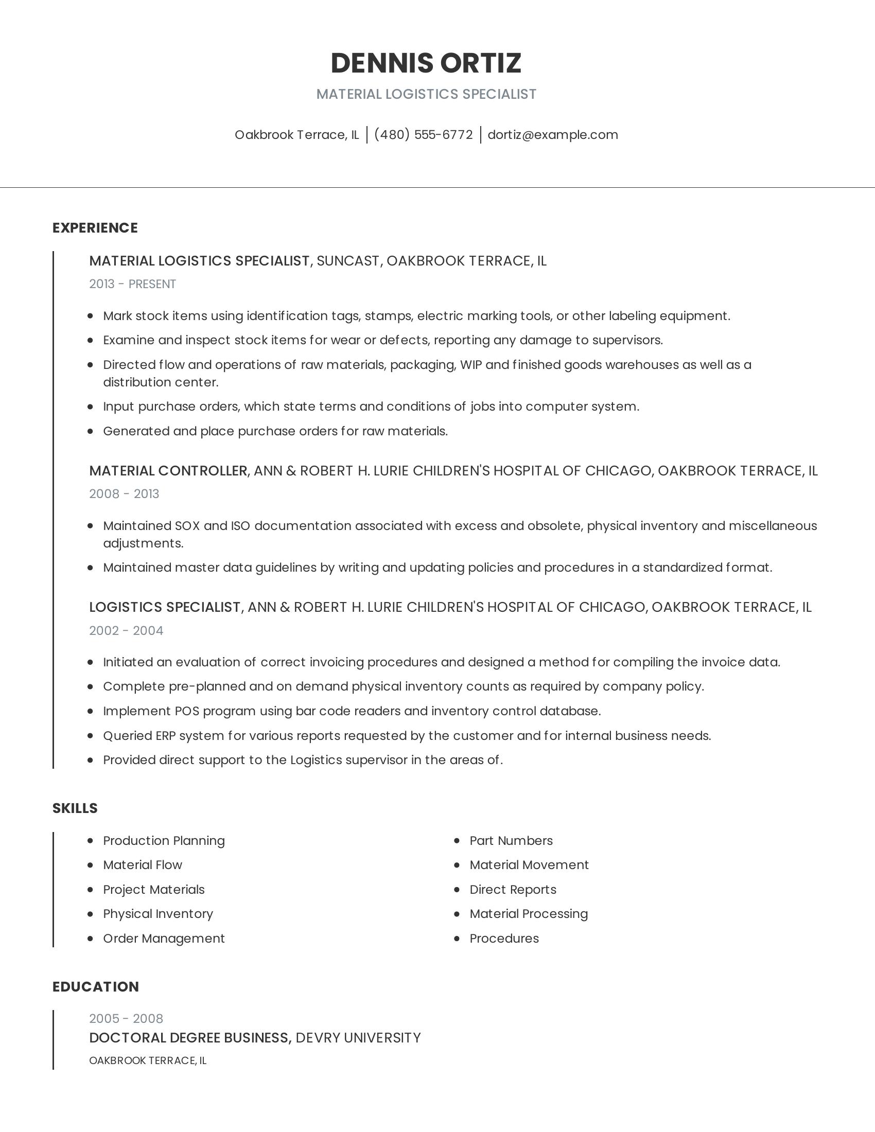 Material Logistics Specialist resume example