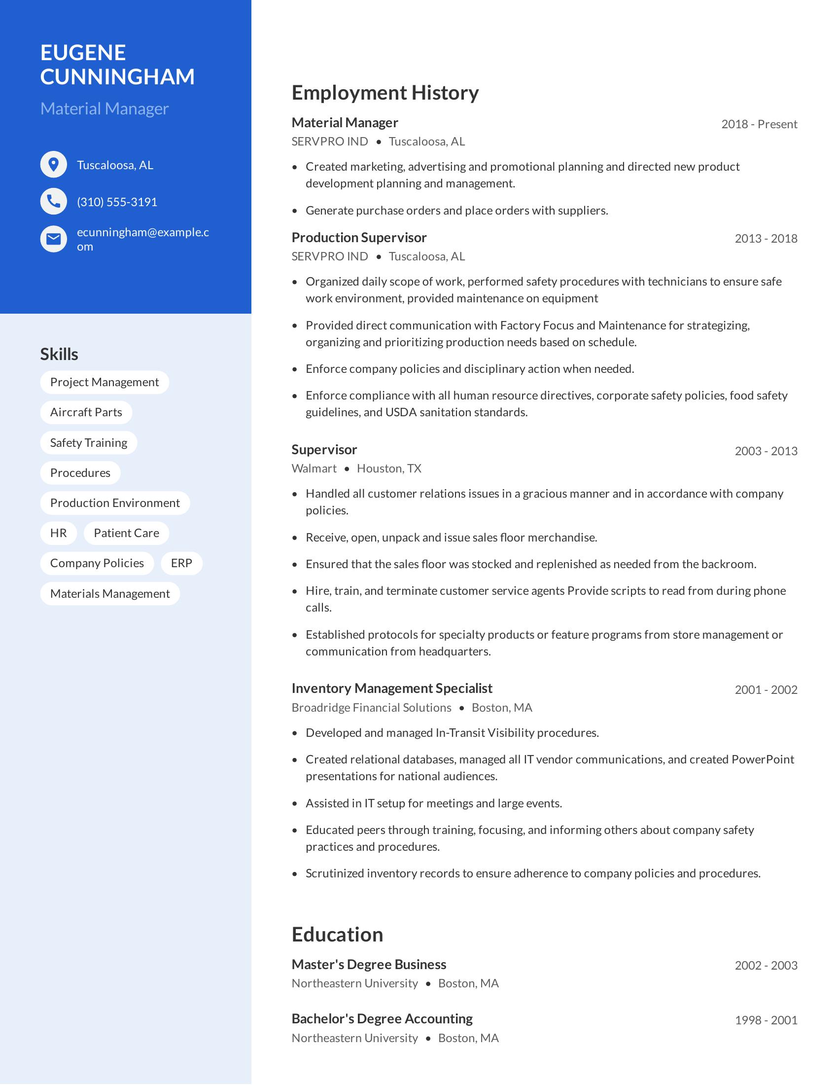 Material Manager resume example