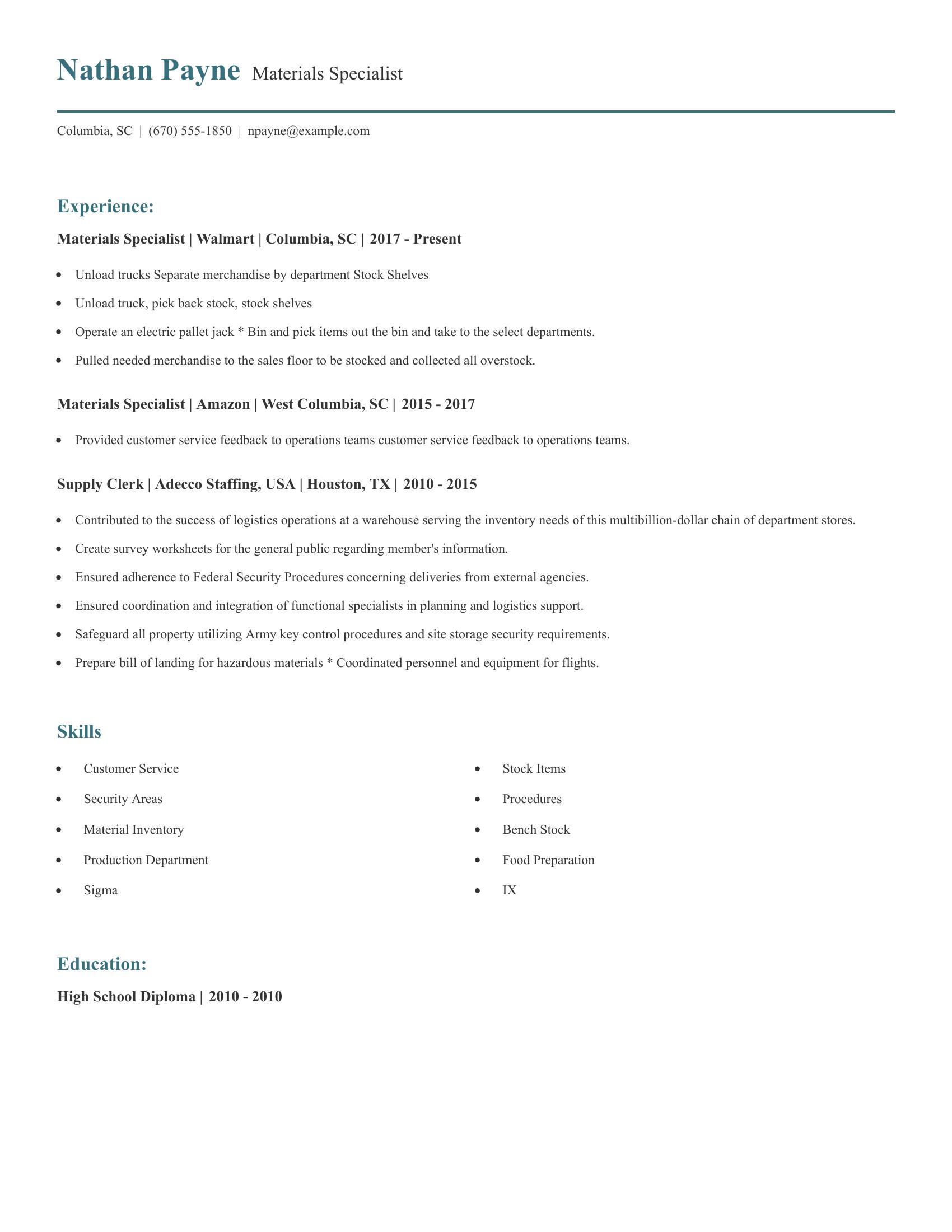 Materials Specialist resume example