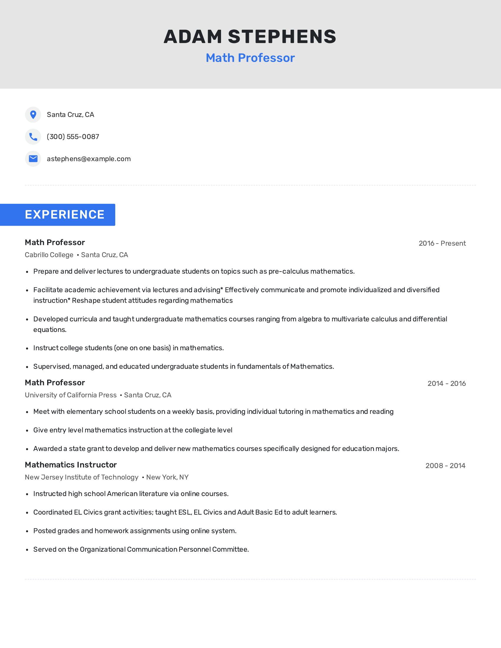 Math Professor resume example