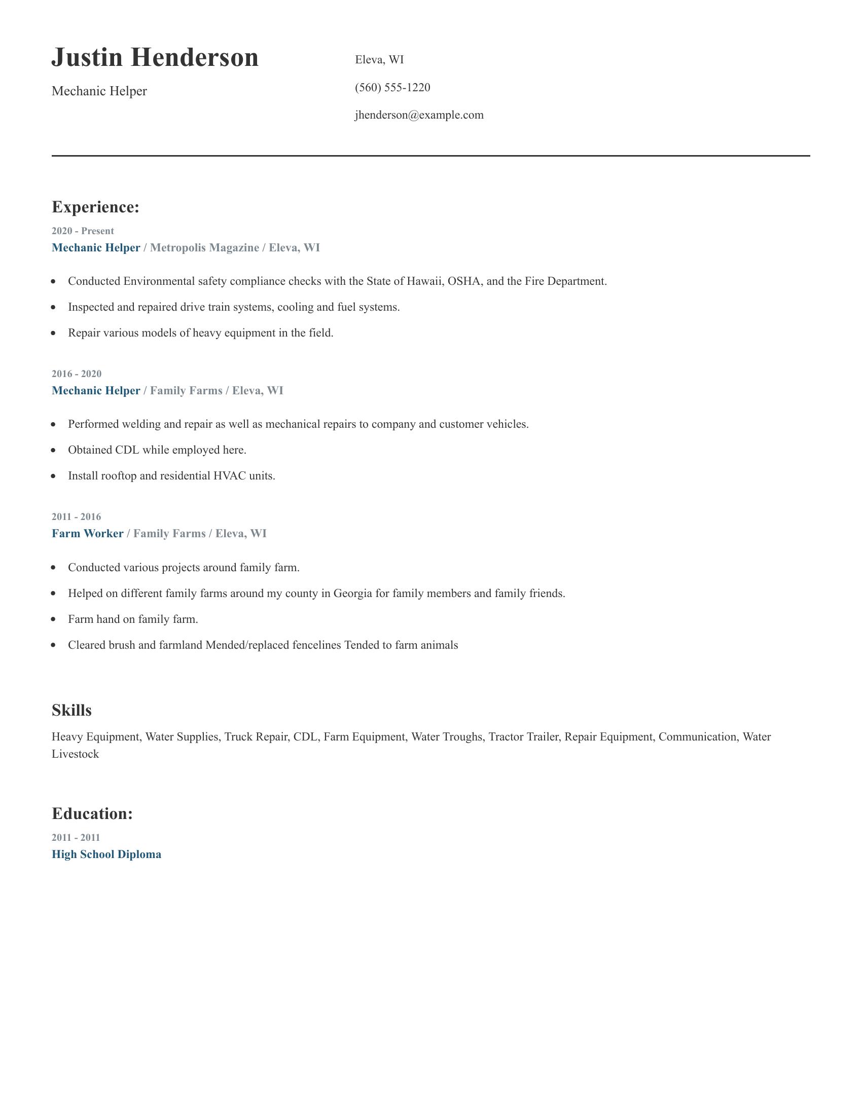 Mechanic Helper resume example