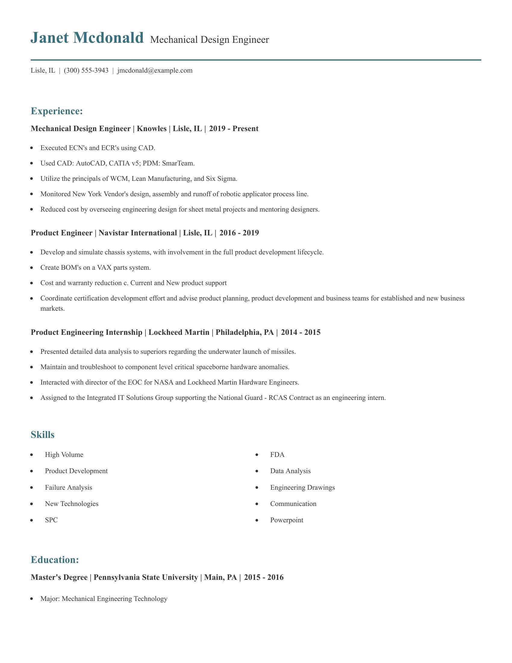 Mechanical Design Engineer resume example