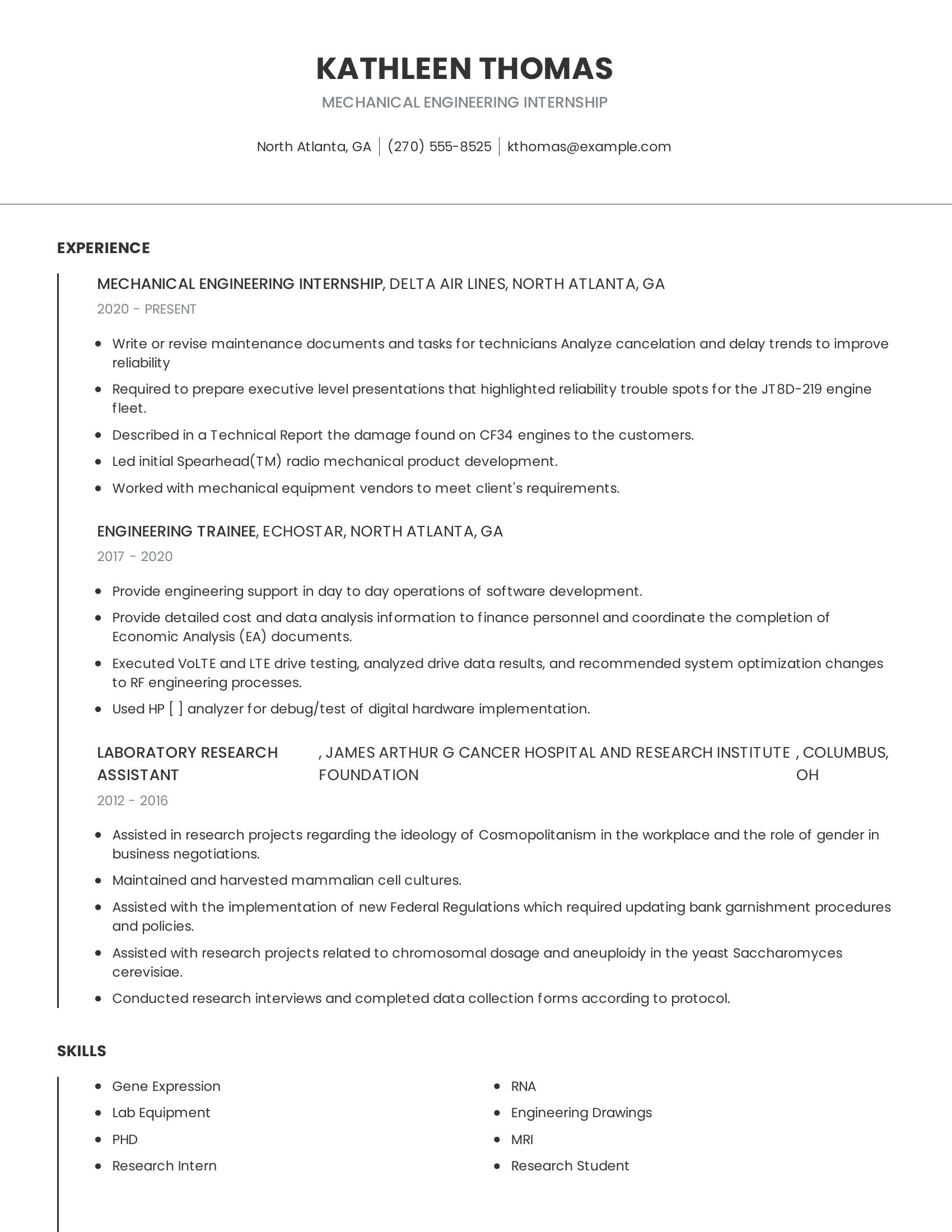 Mechanical Engineering Internship resume example