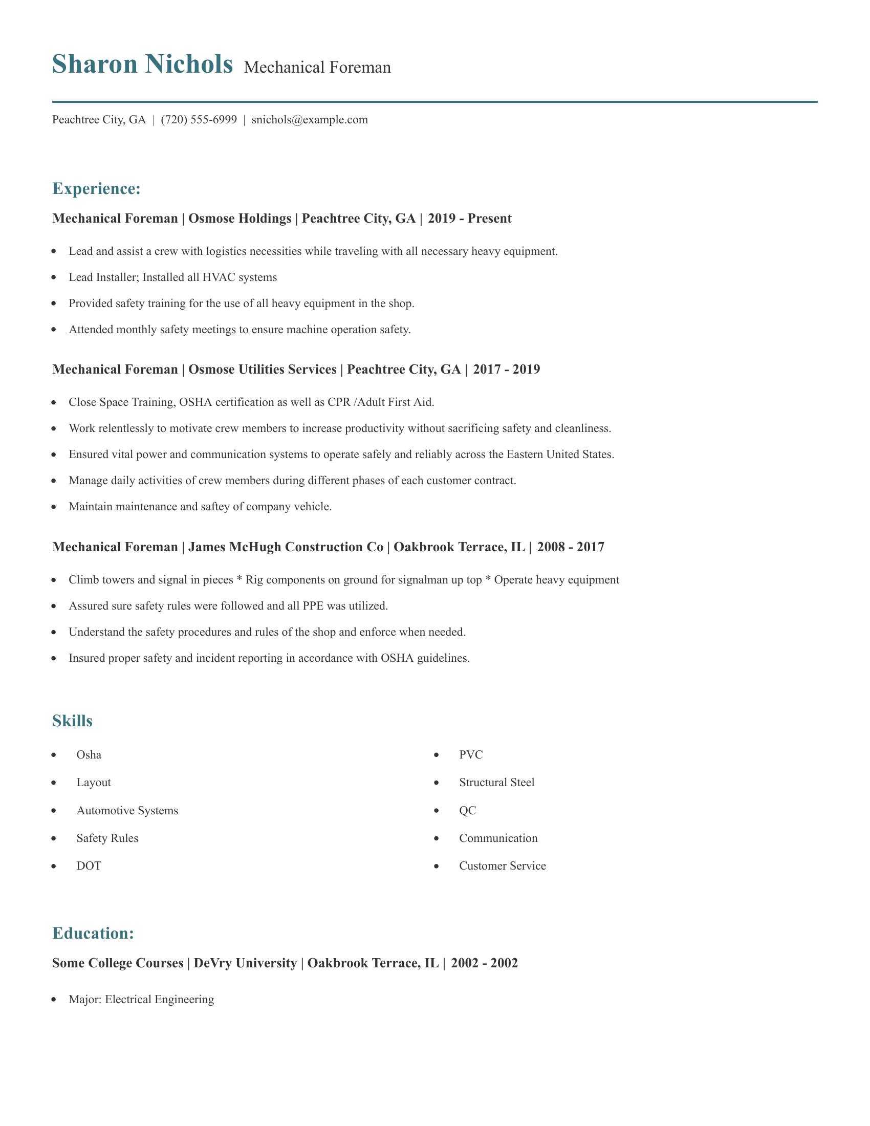 Mechanical Foreman resume example