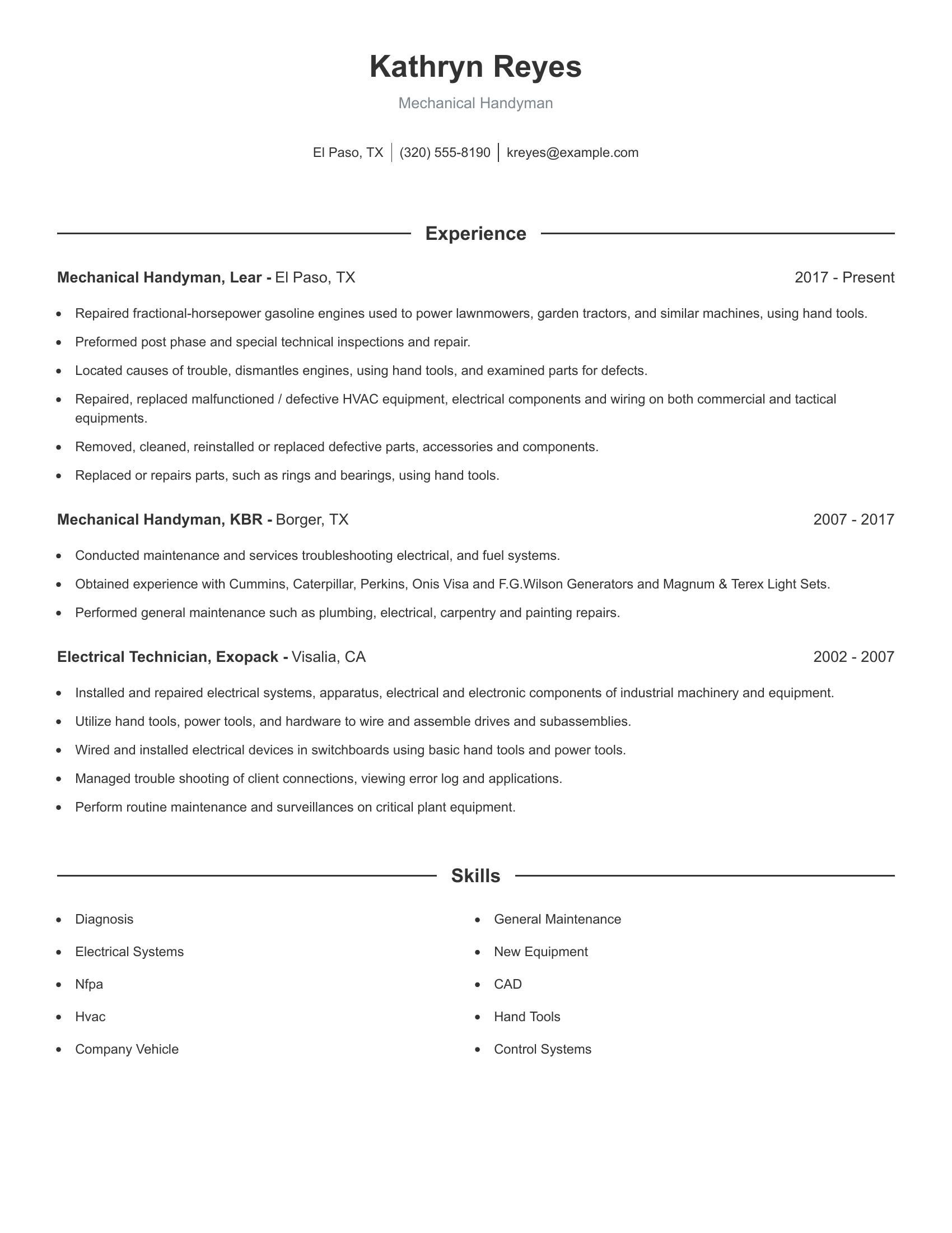 Mechanical Handyman resume example