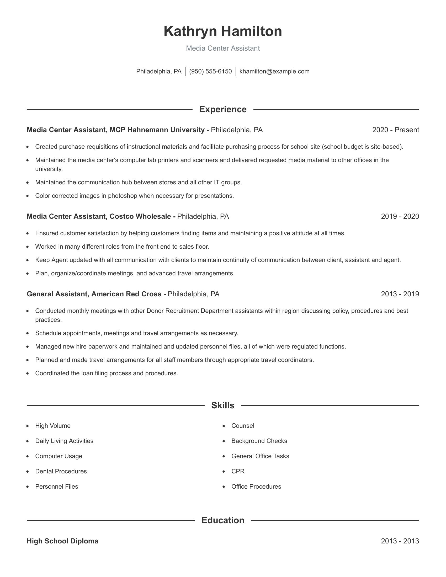 Media Center Assistant resume example