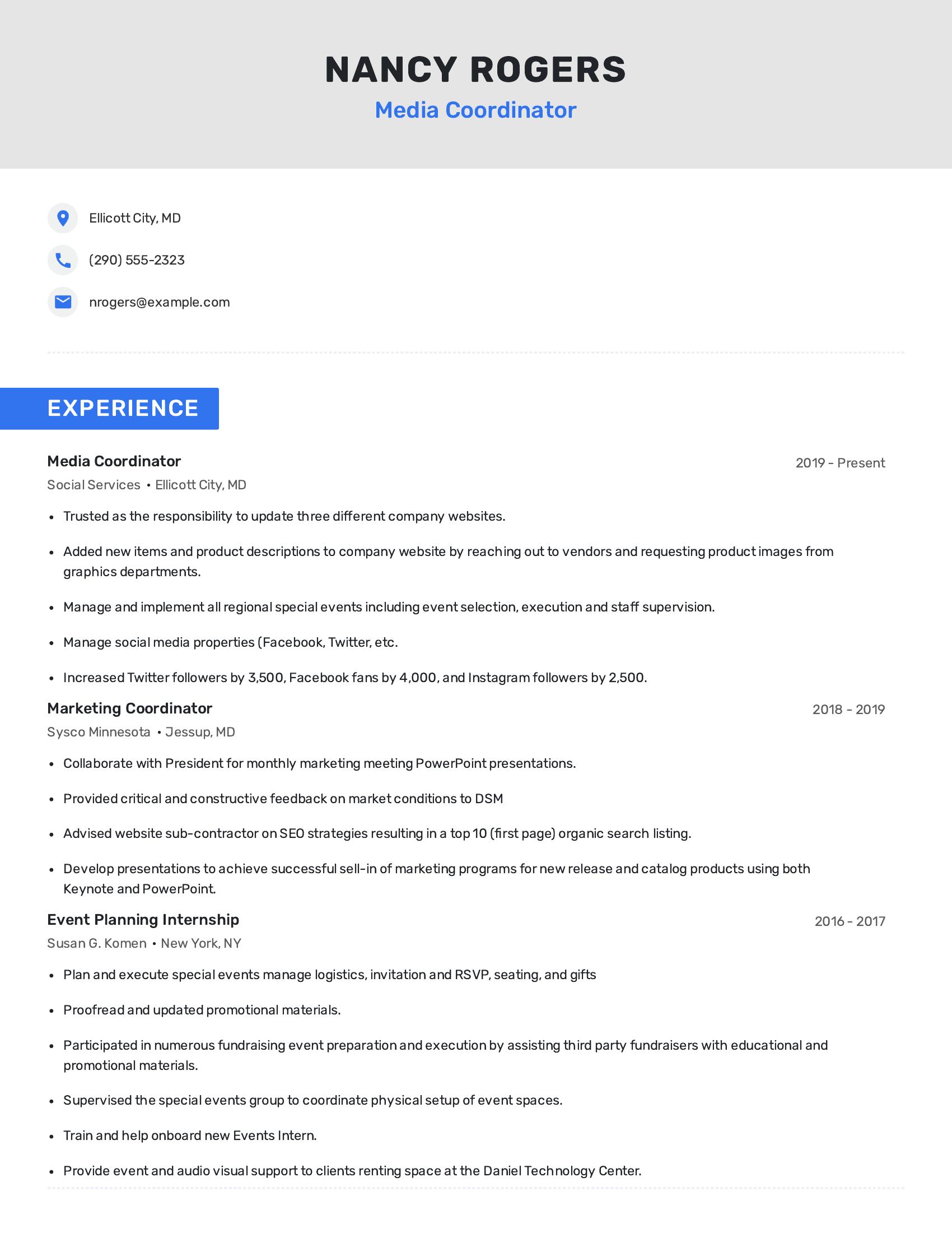 Media Coordinator resume example