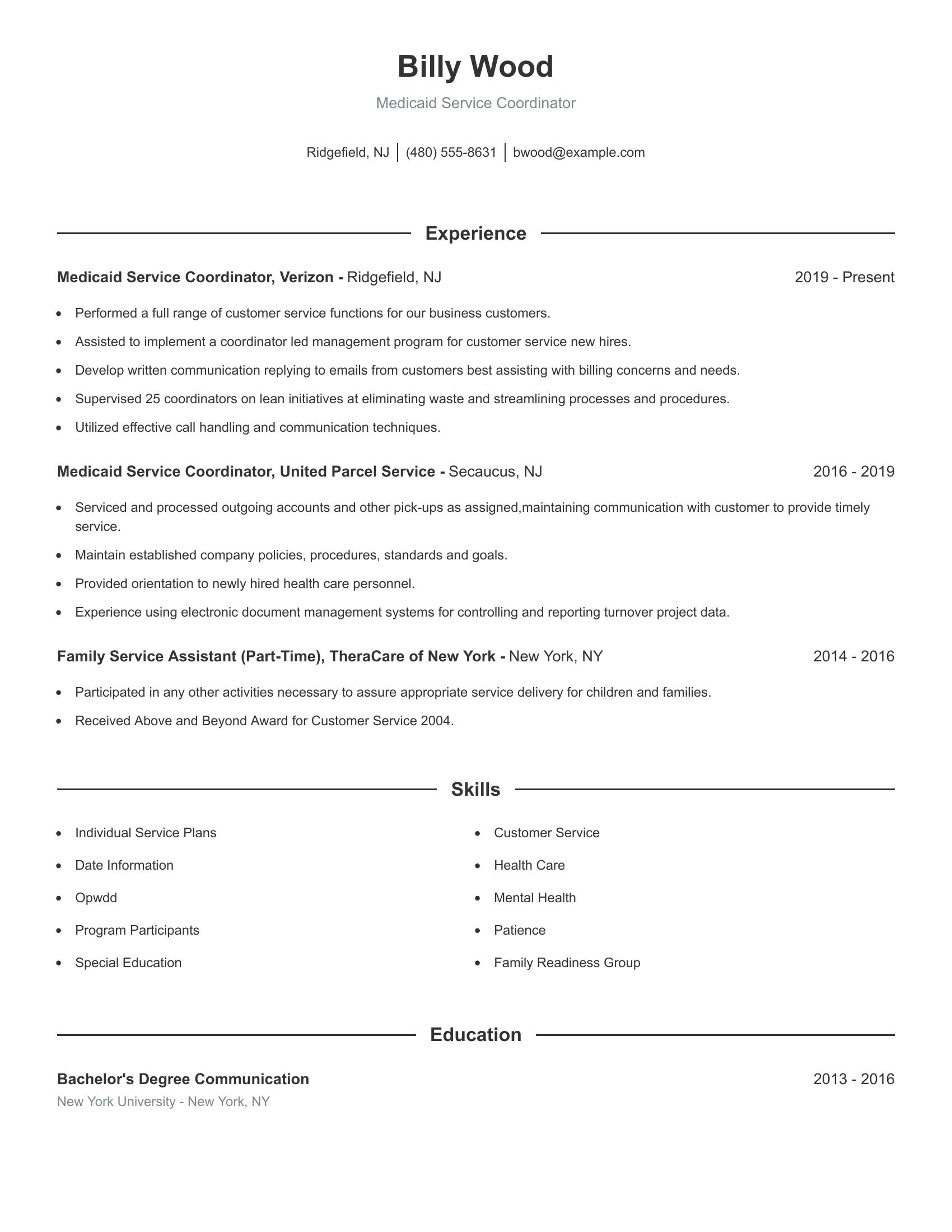 Medicaid Service Coordinator resume example