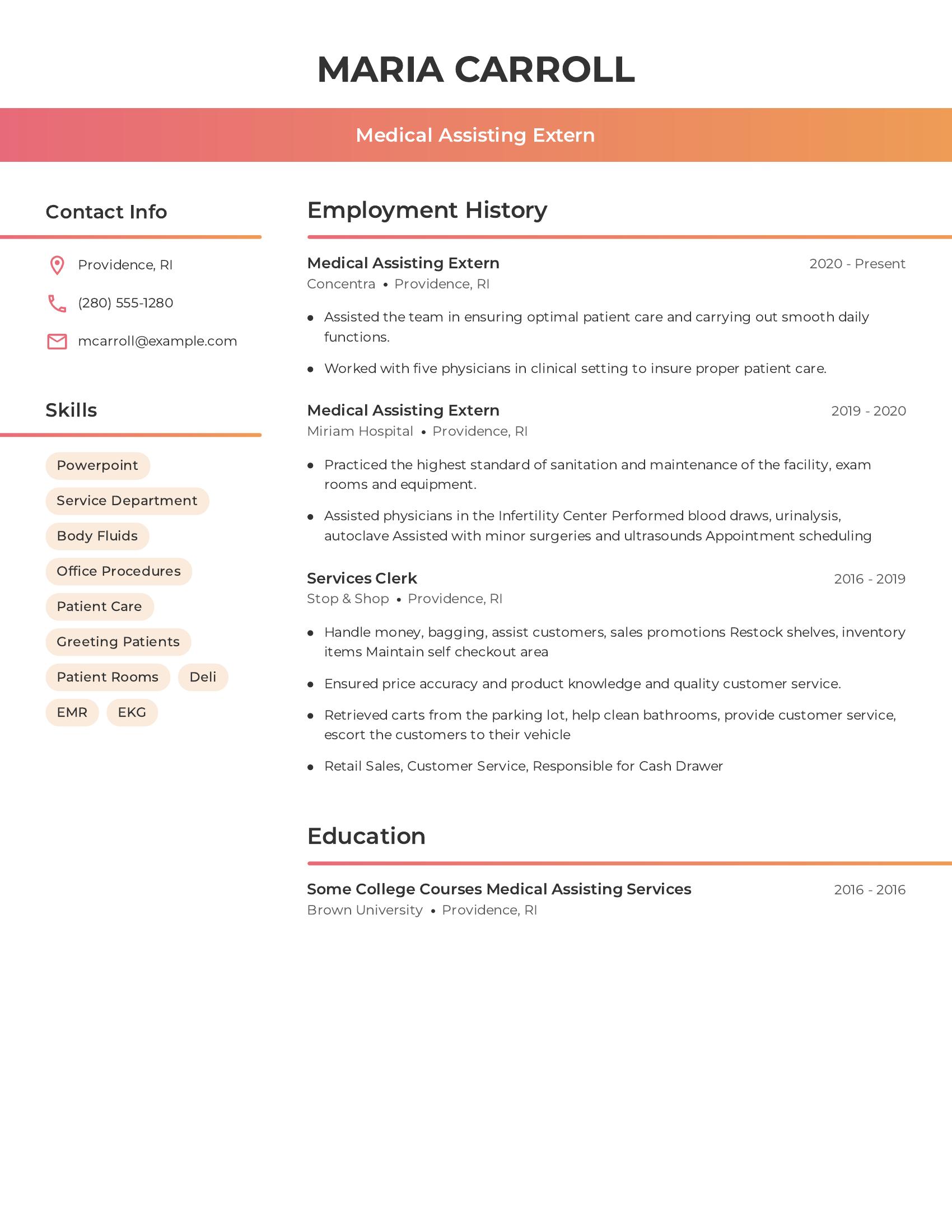 Medical Assisting Extern resume example