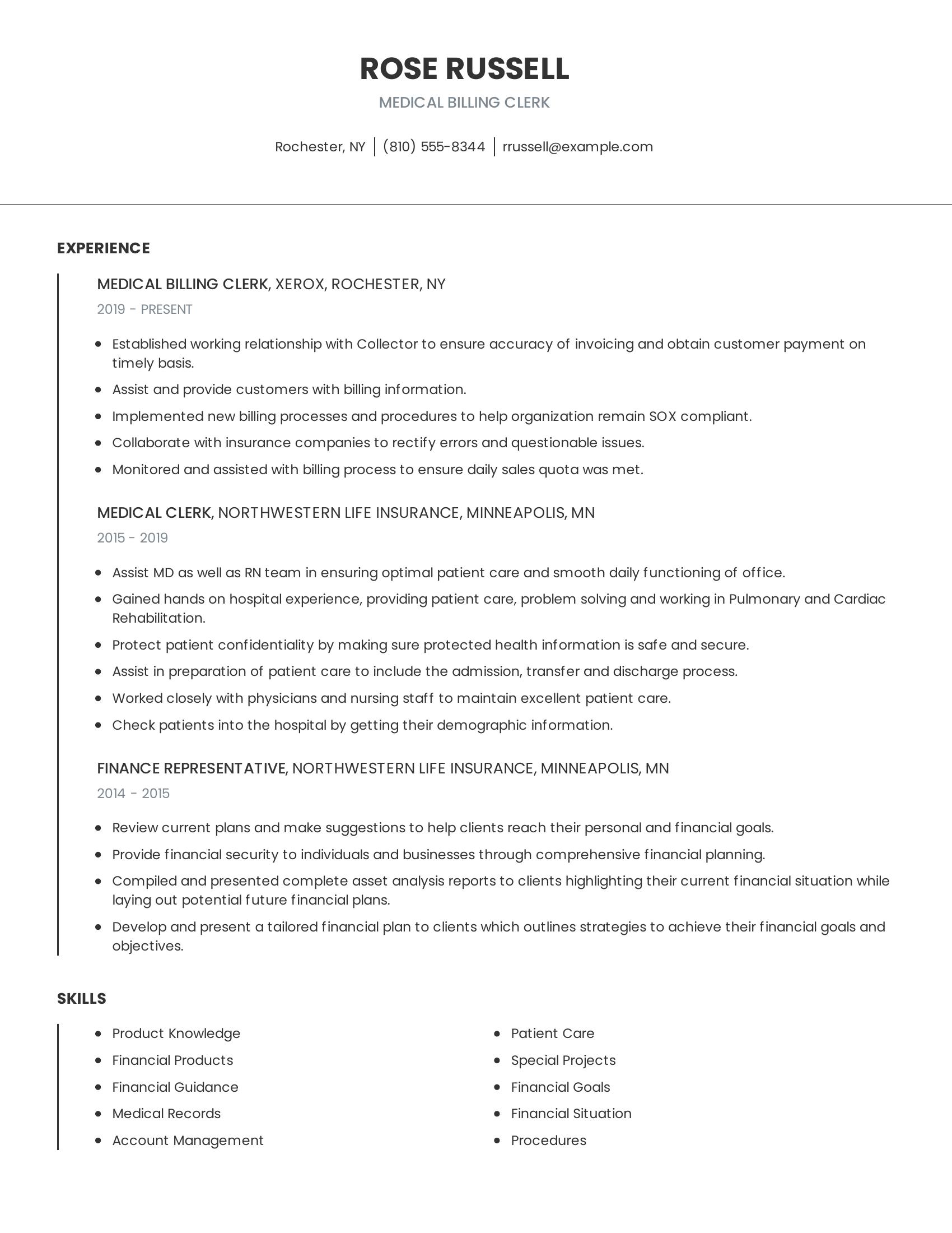 Medical Billing Clerk resume example