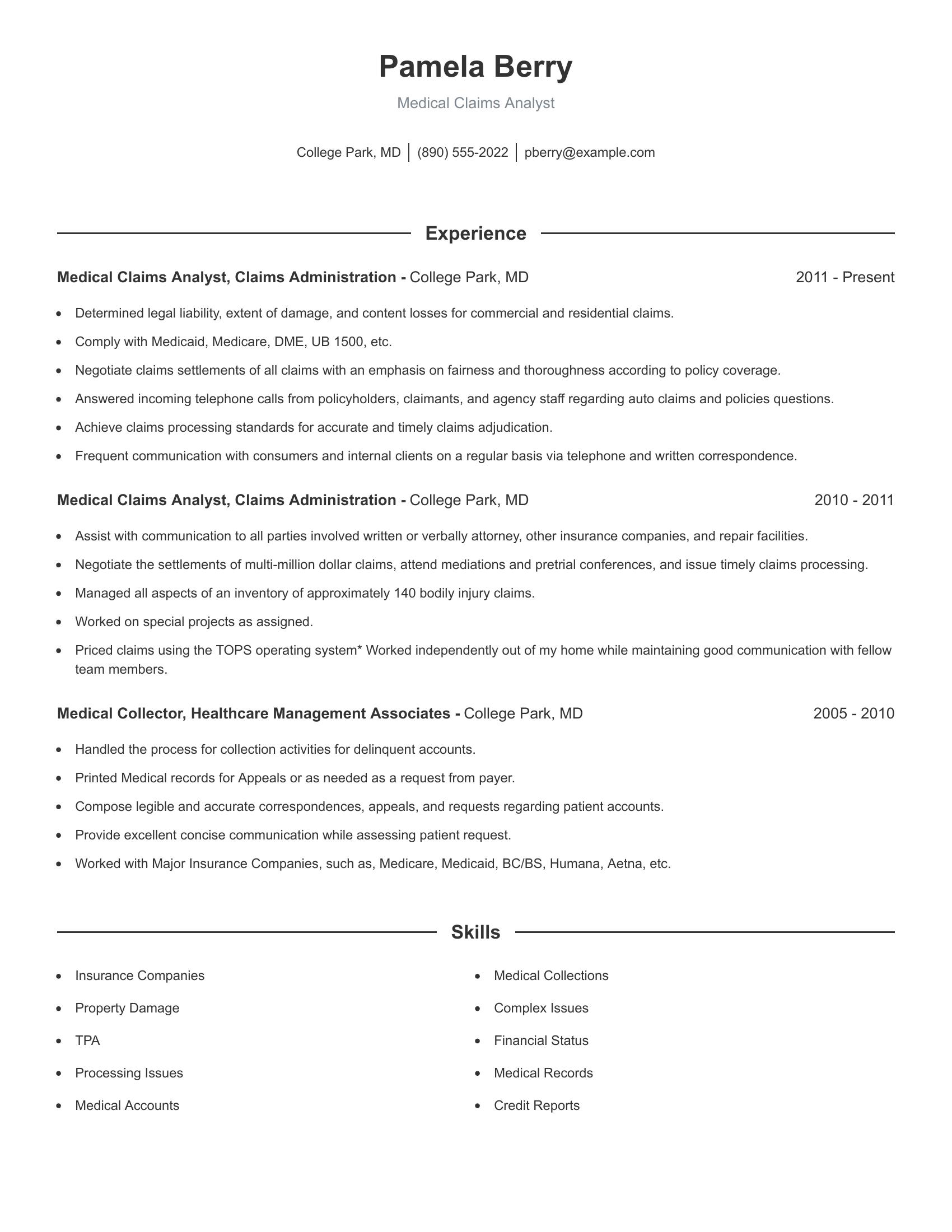 Medical Claims Analyst resume example