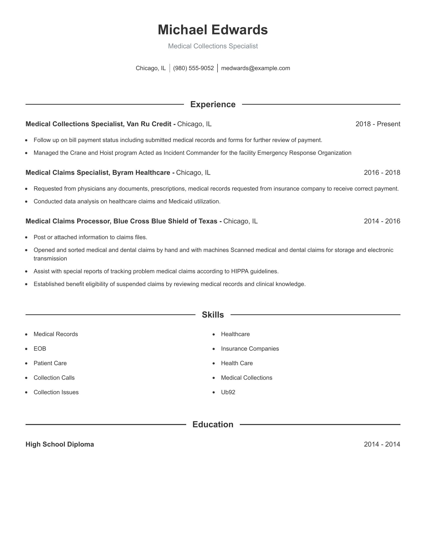 Medical Collections Specialist resume example