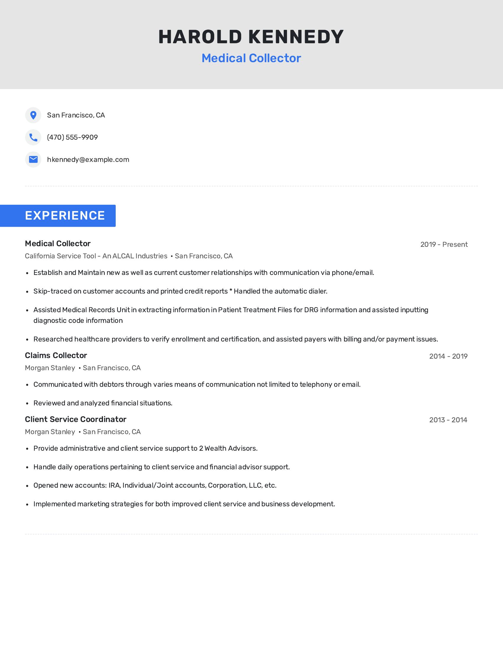 Medical Collector resume example