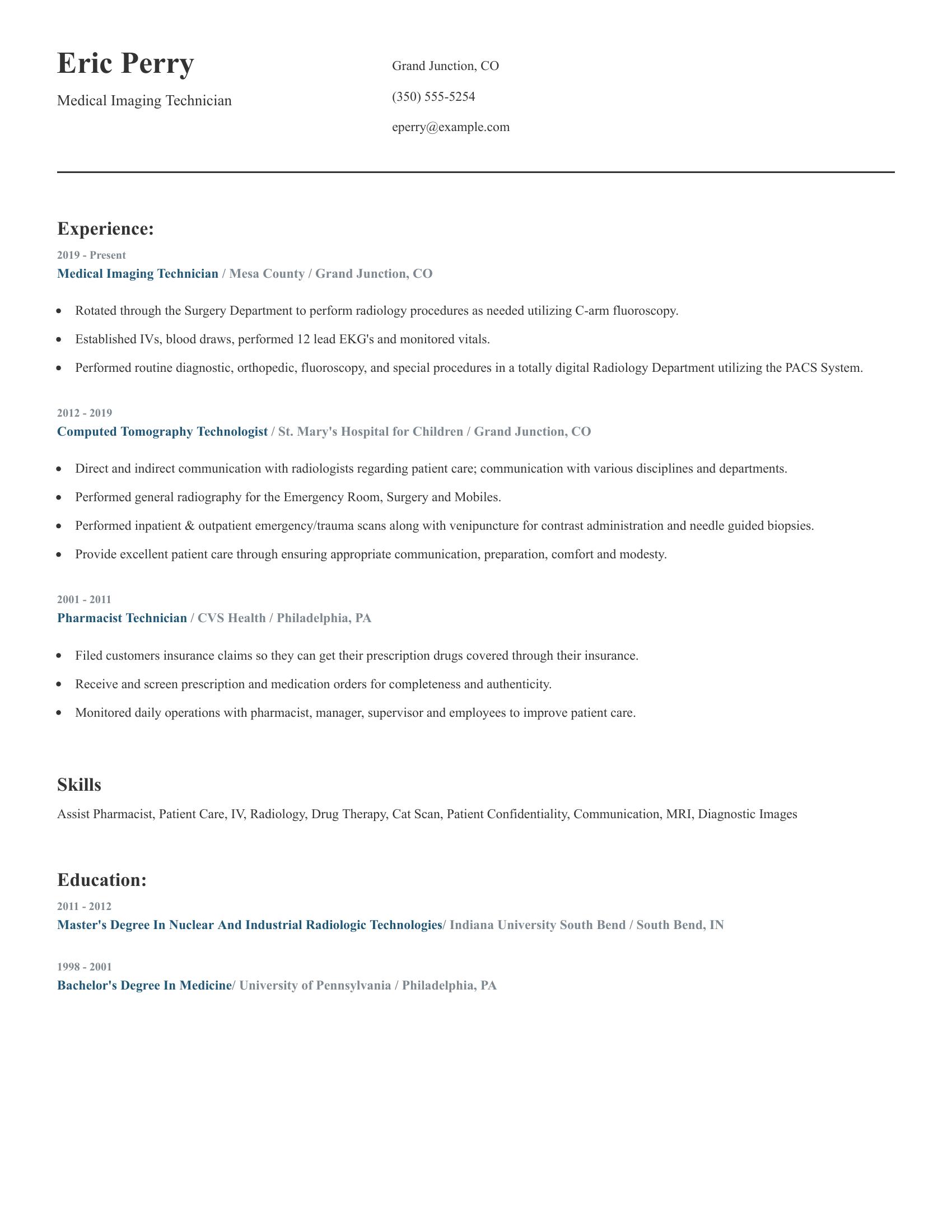 Medical Imaging Technician resume example