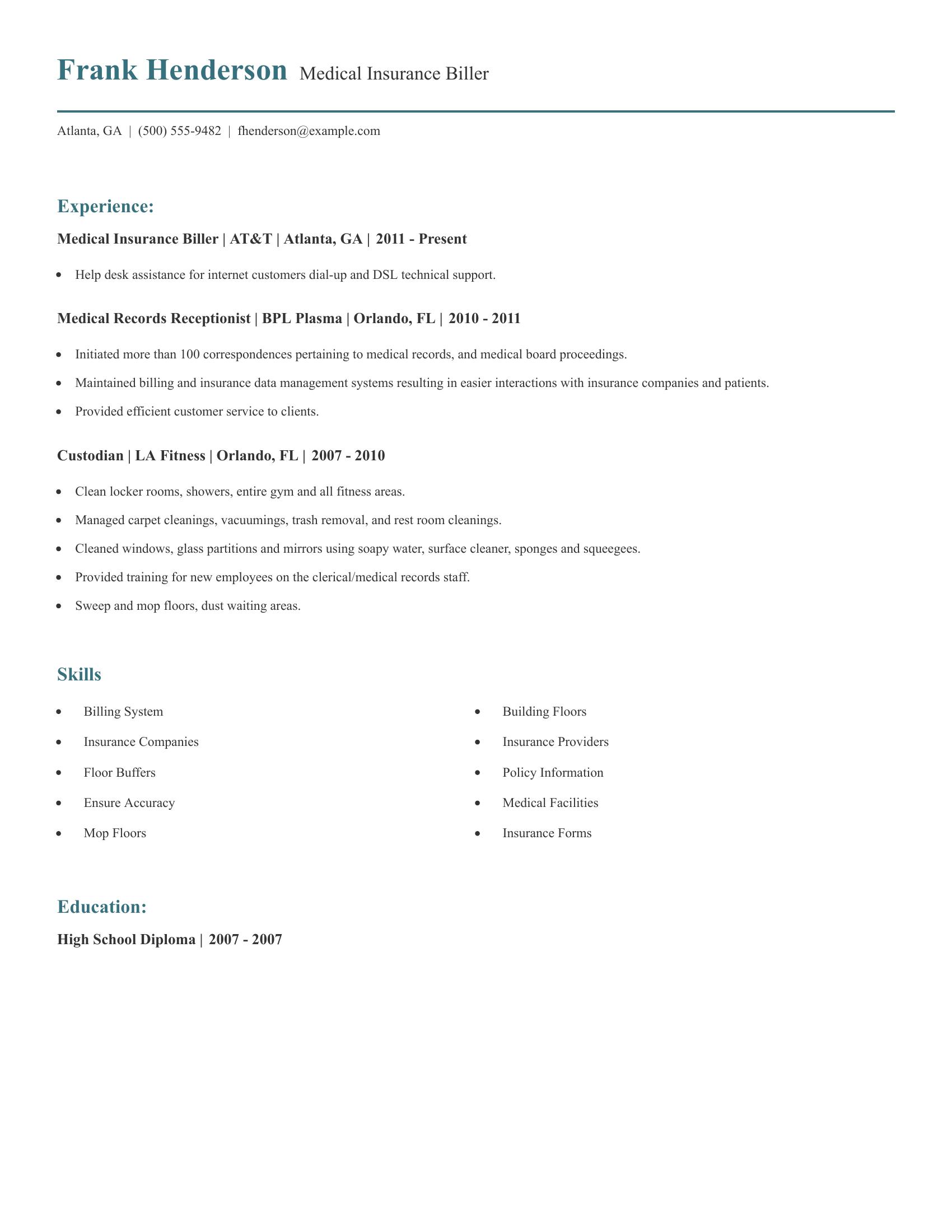 Medical Insurance Biller resume example