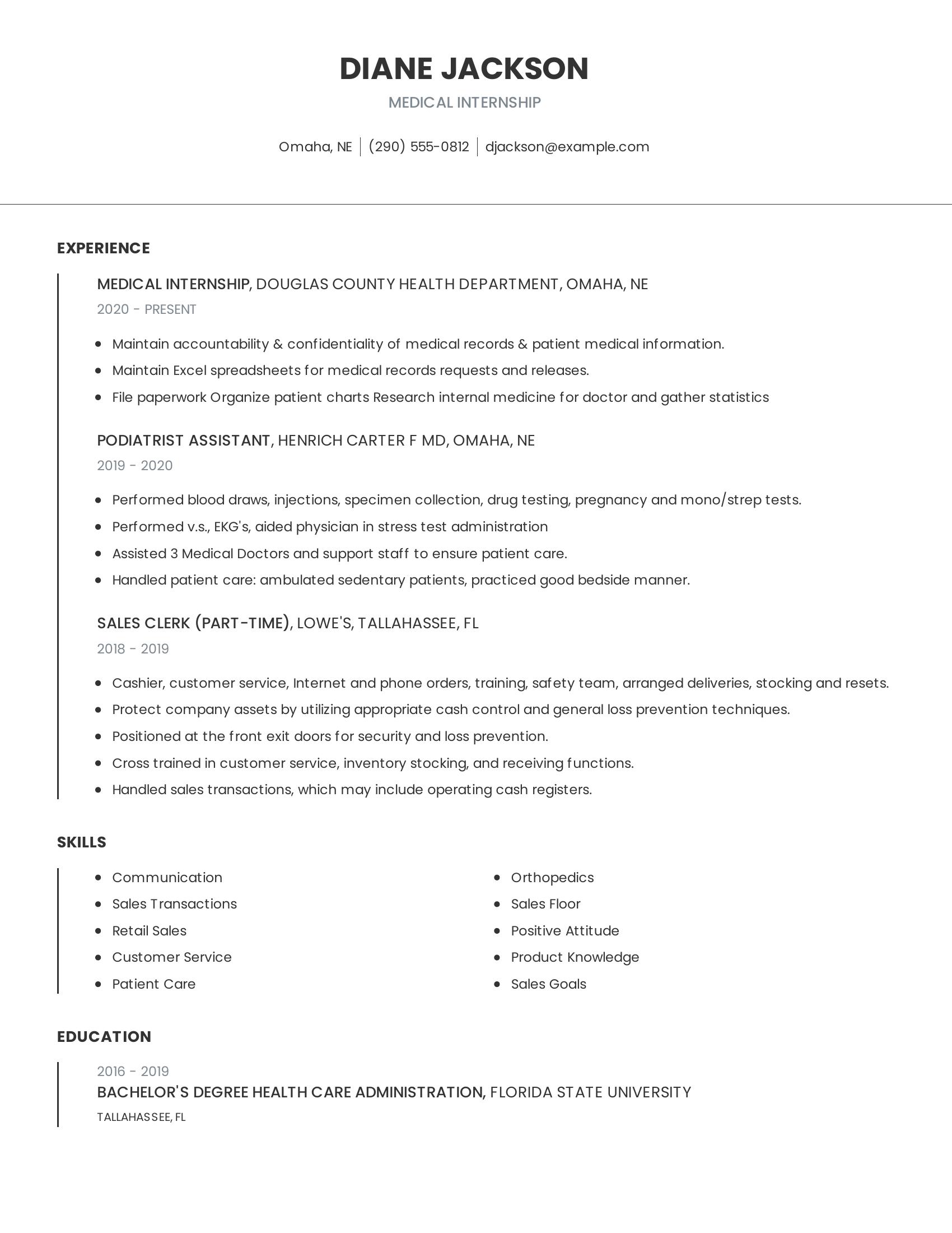 Medical Internship resume example