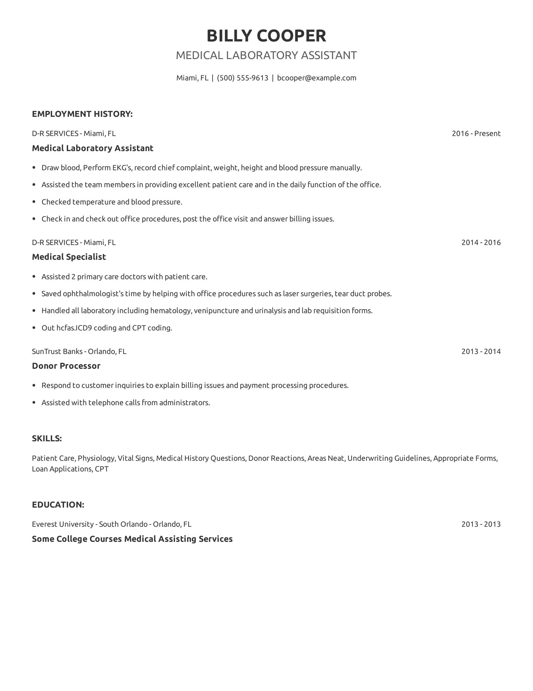 Medical Laboratory Assistant resume example