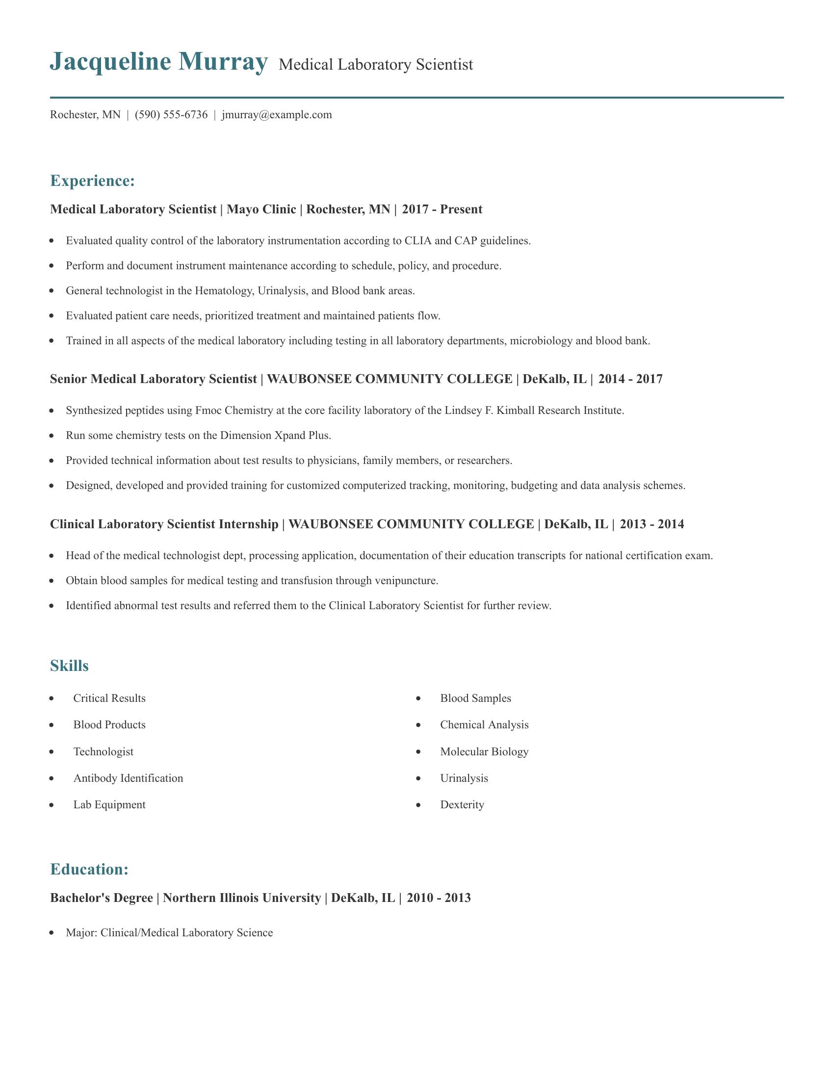 Medical Laboratory Scientist resume example