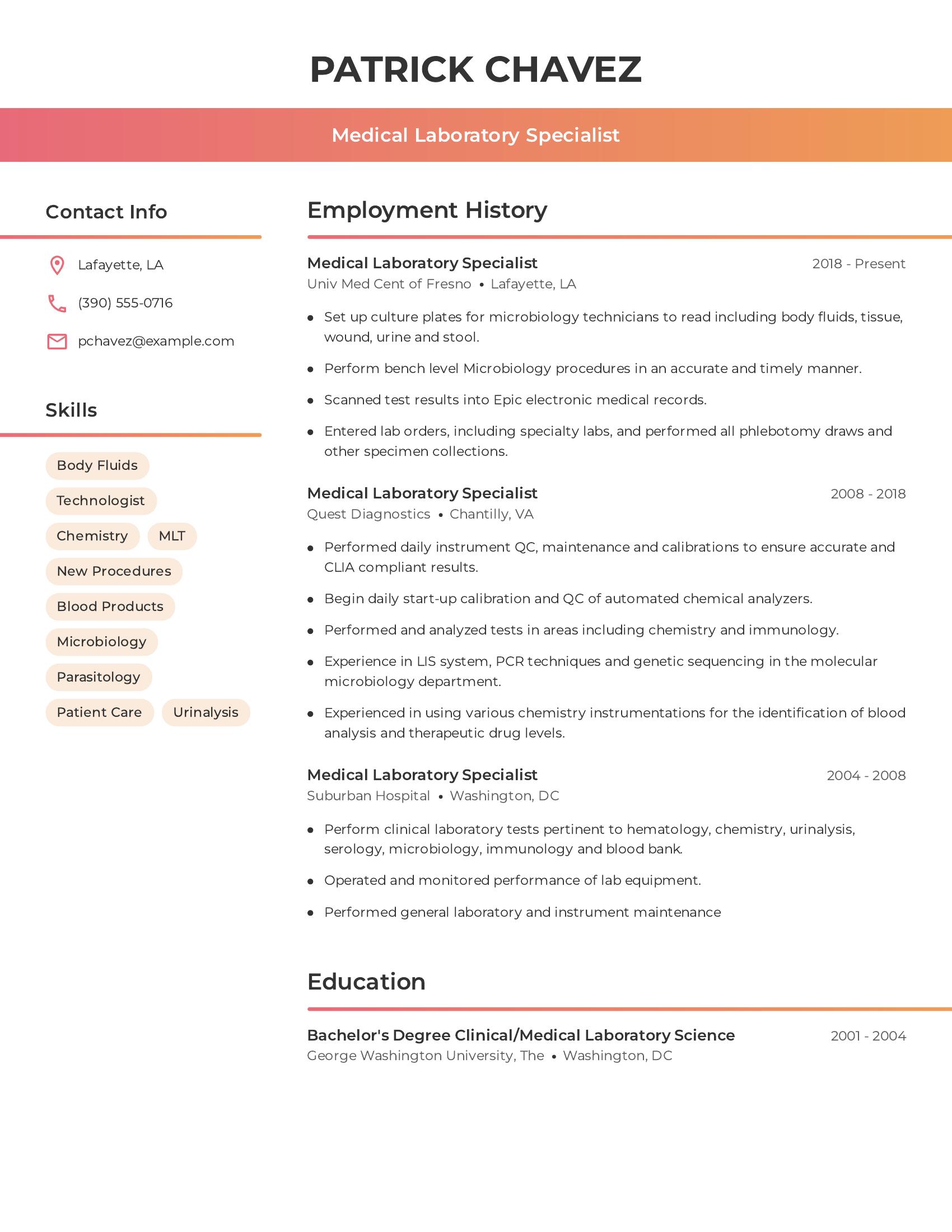 Medical Laboratory Specialist resume example