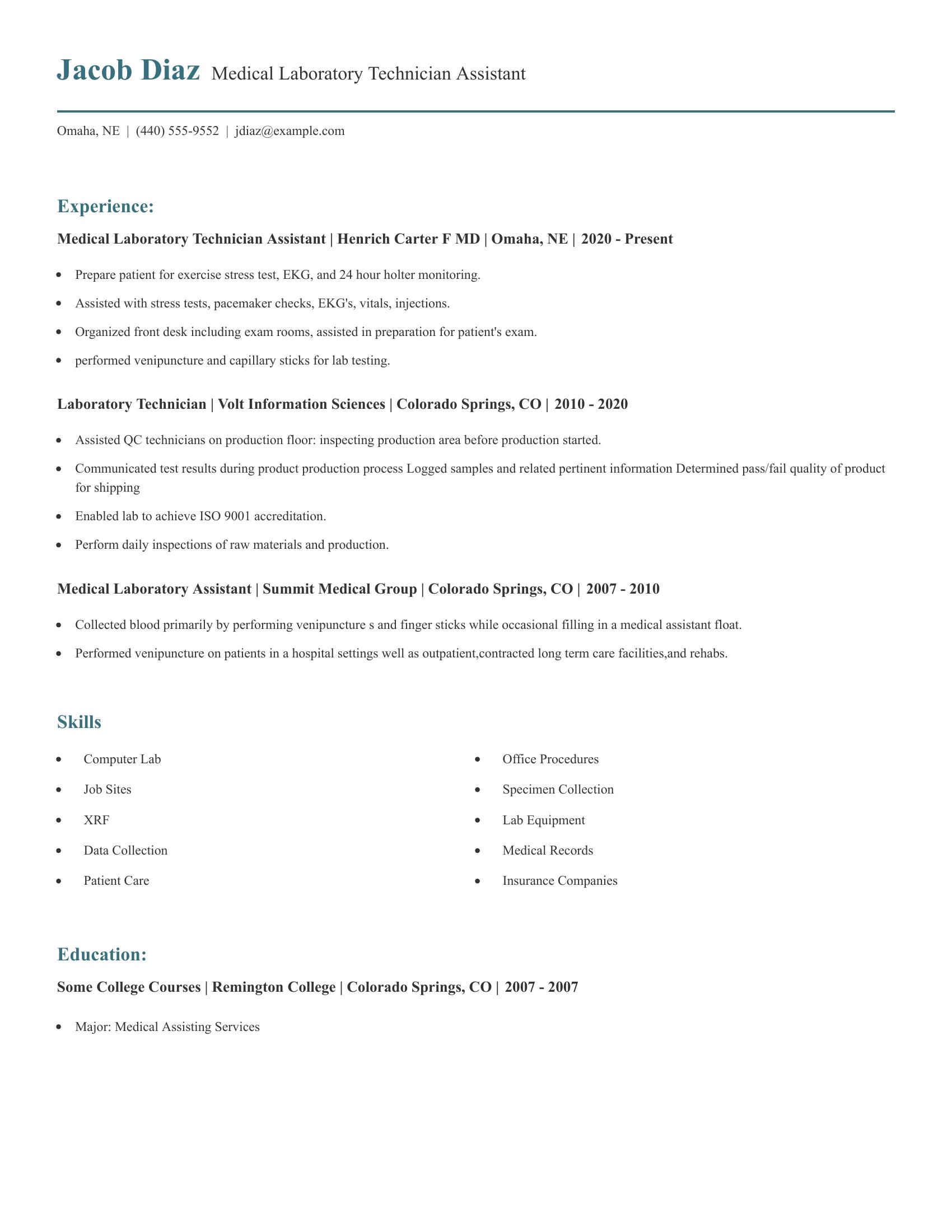 Medical Laboratory Technician Assistant resume example