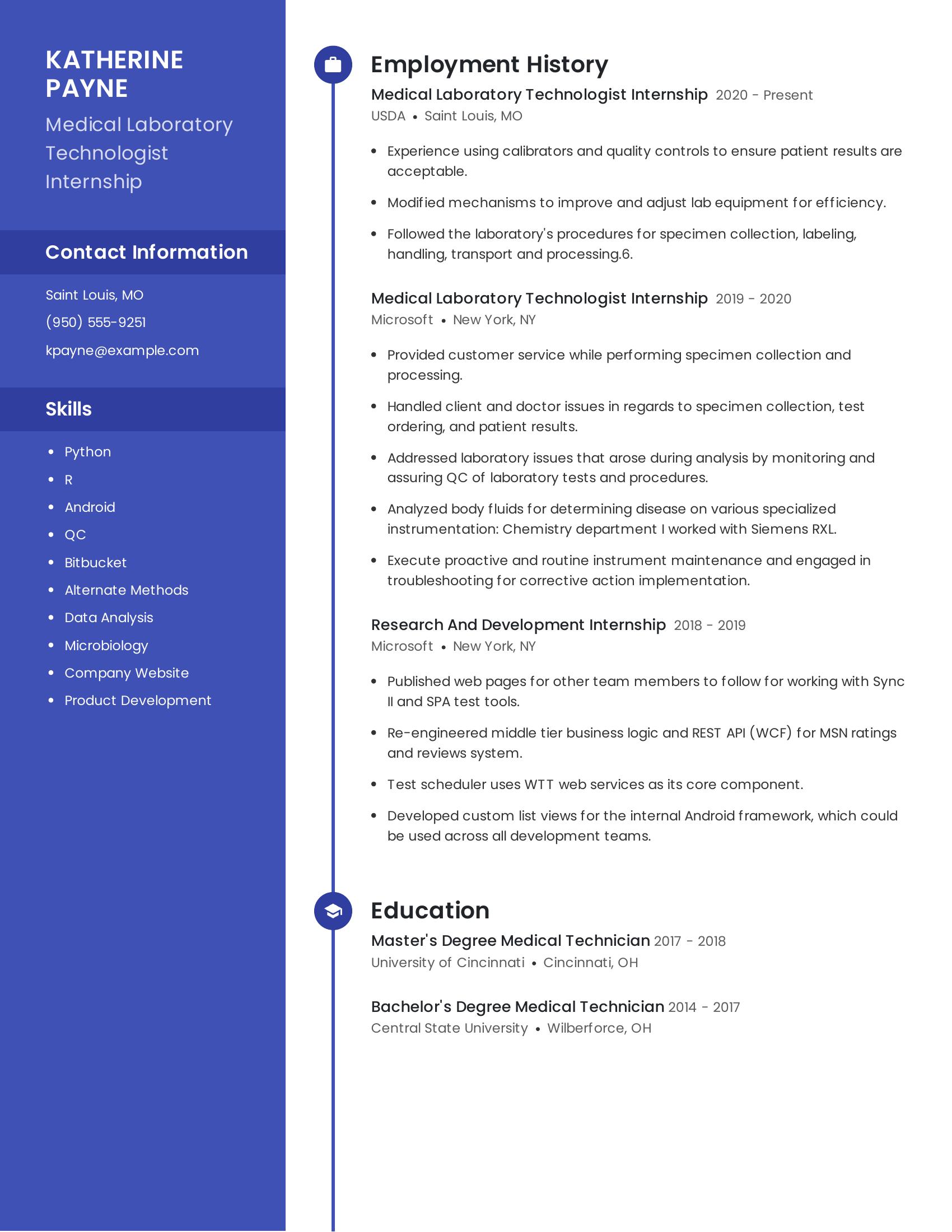 Medical Laboratory Technologist Internship resume example