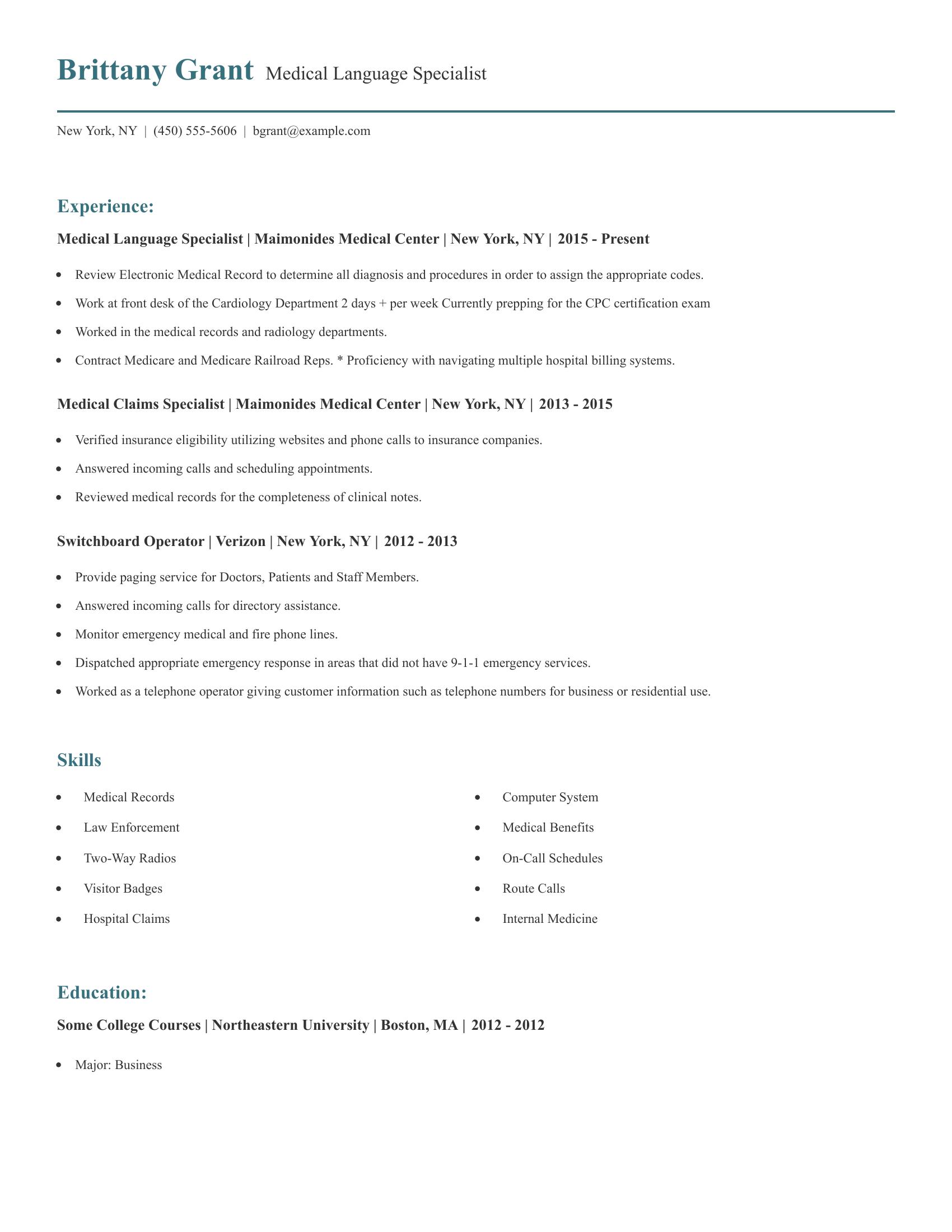 Medical Language Specialist resume example