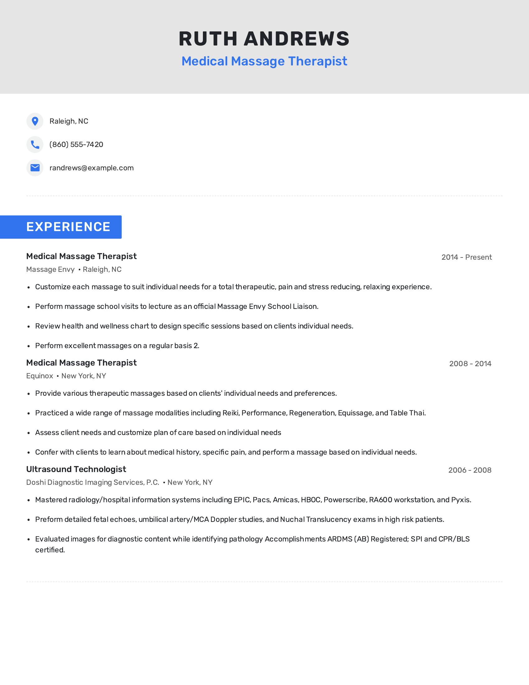 Medical Massage Therapist resume example