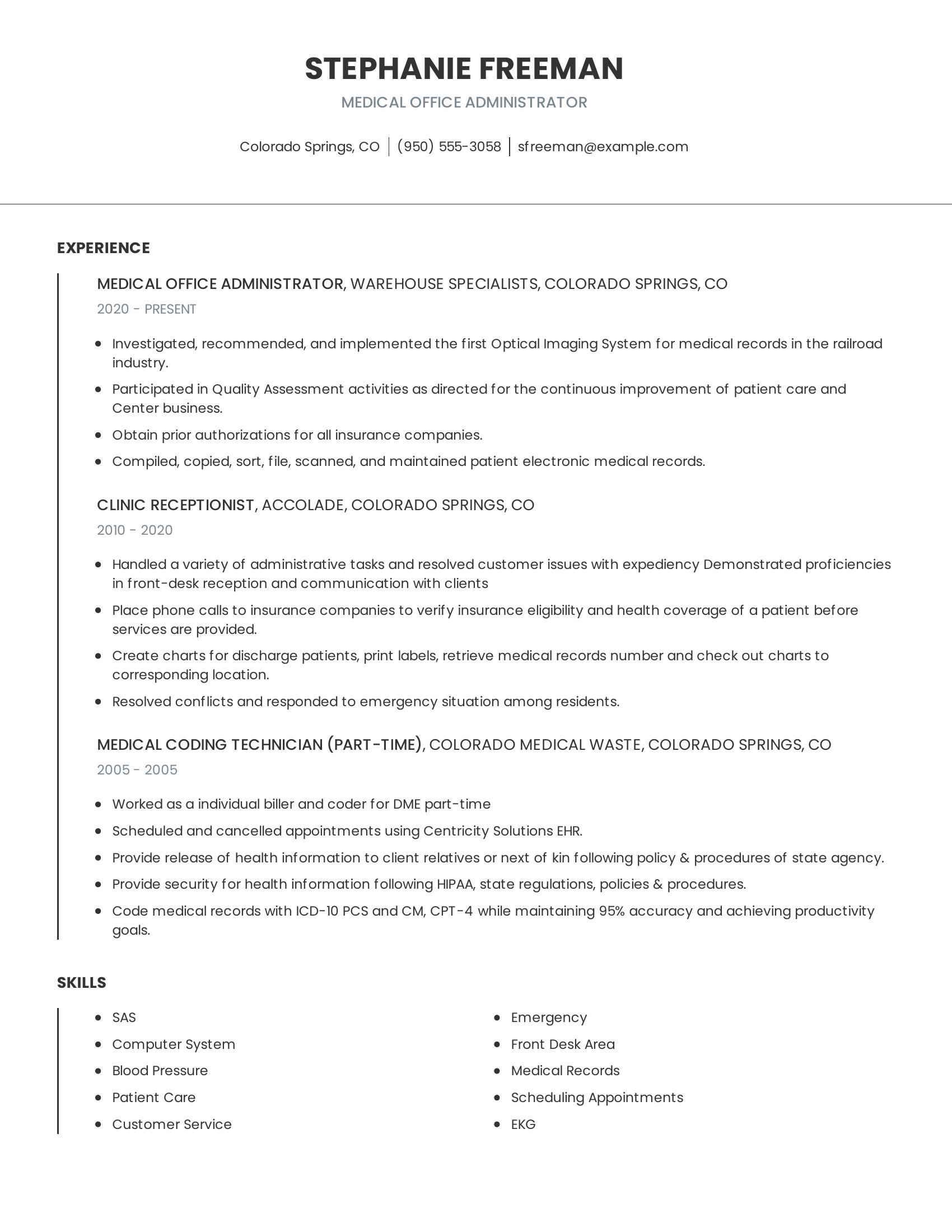 Medical Office Administrator resume example