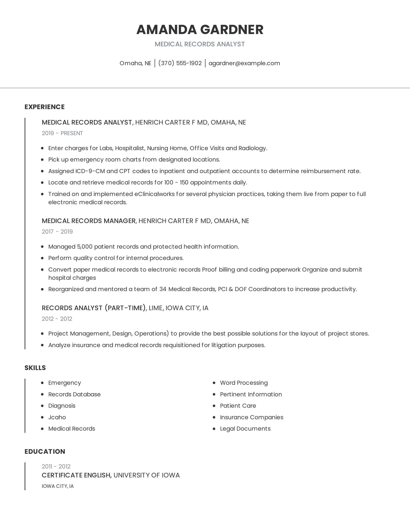 Medical Records Analyst resume example