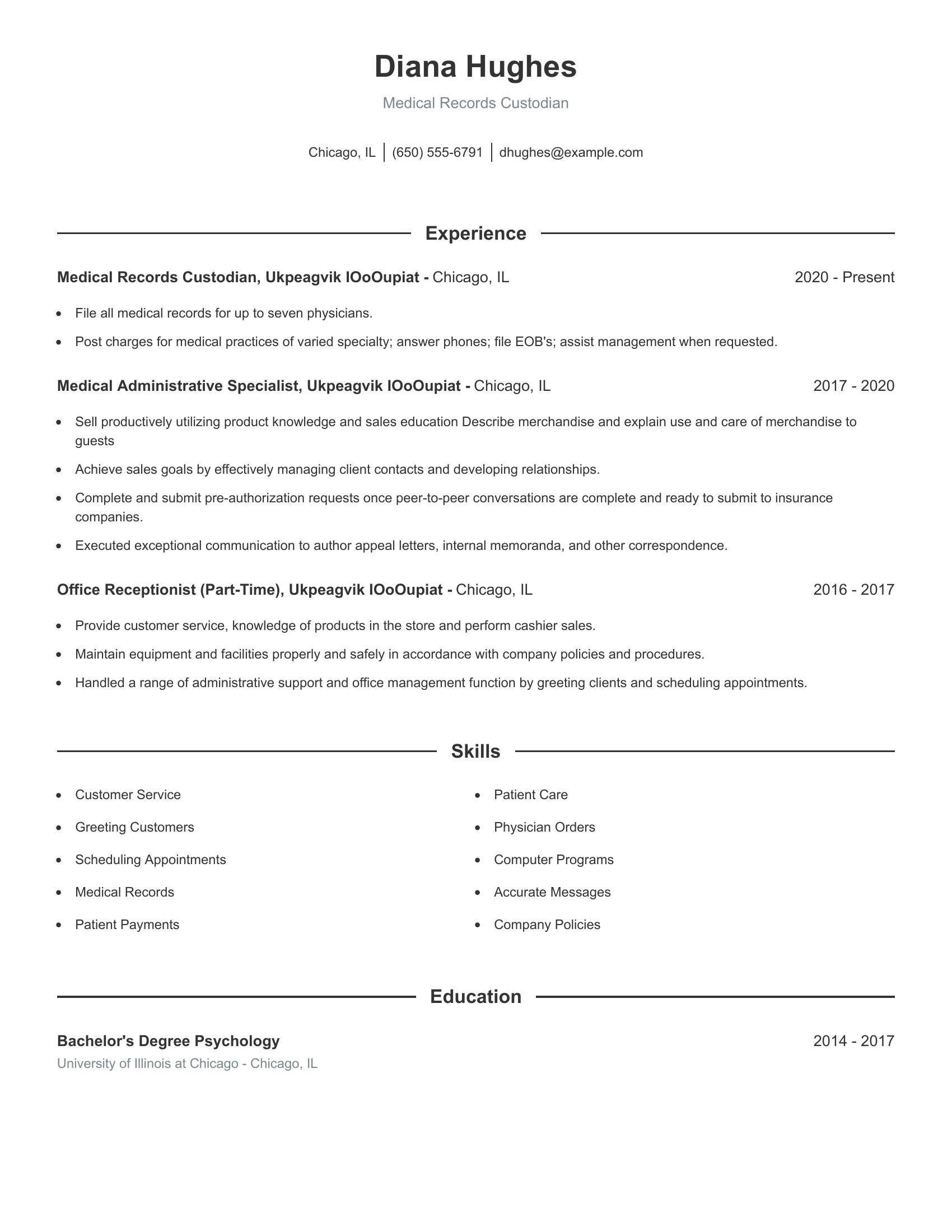 Medical Records Custodian resume example