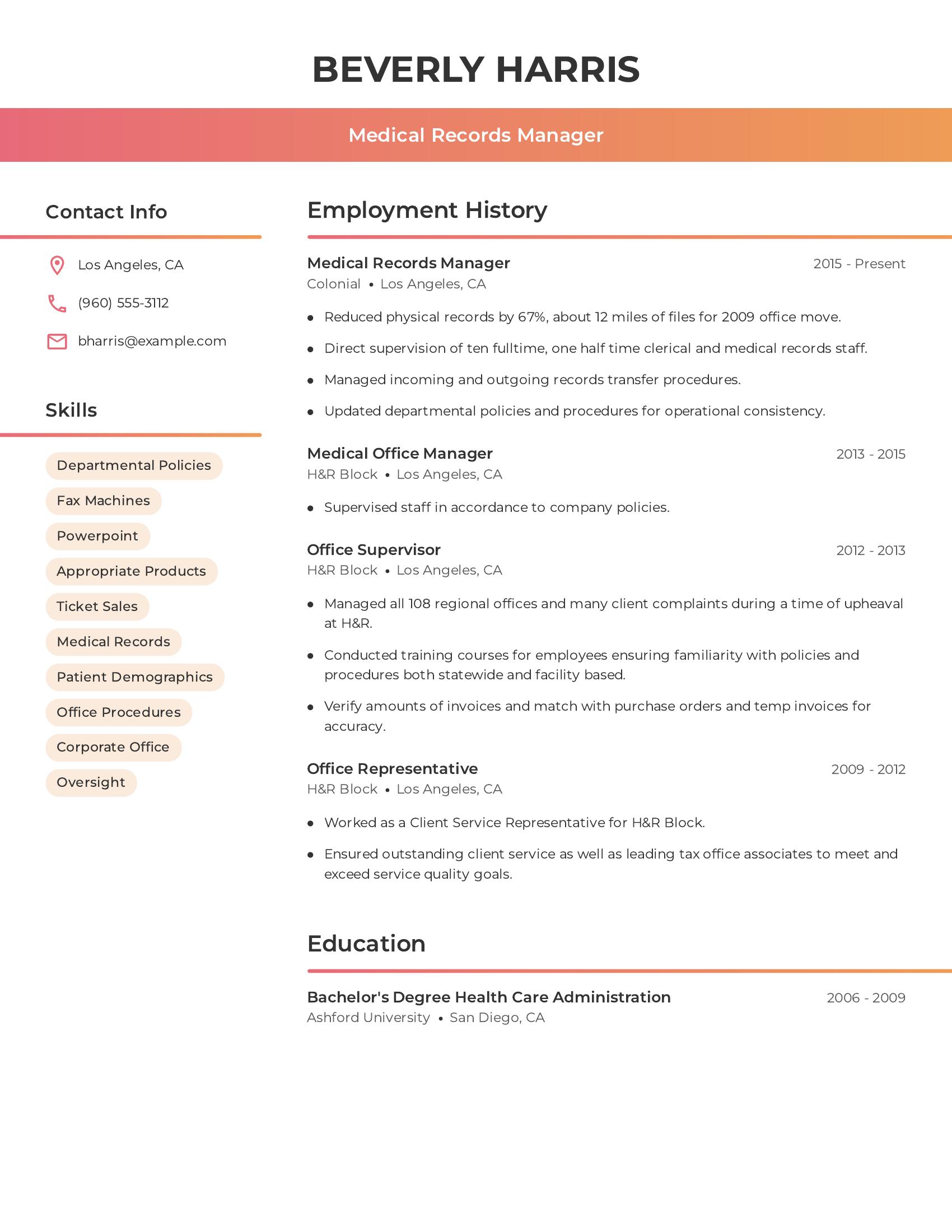 Medical Records Manager resume example