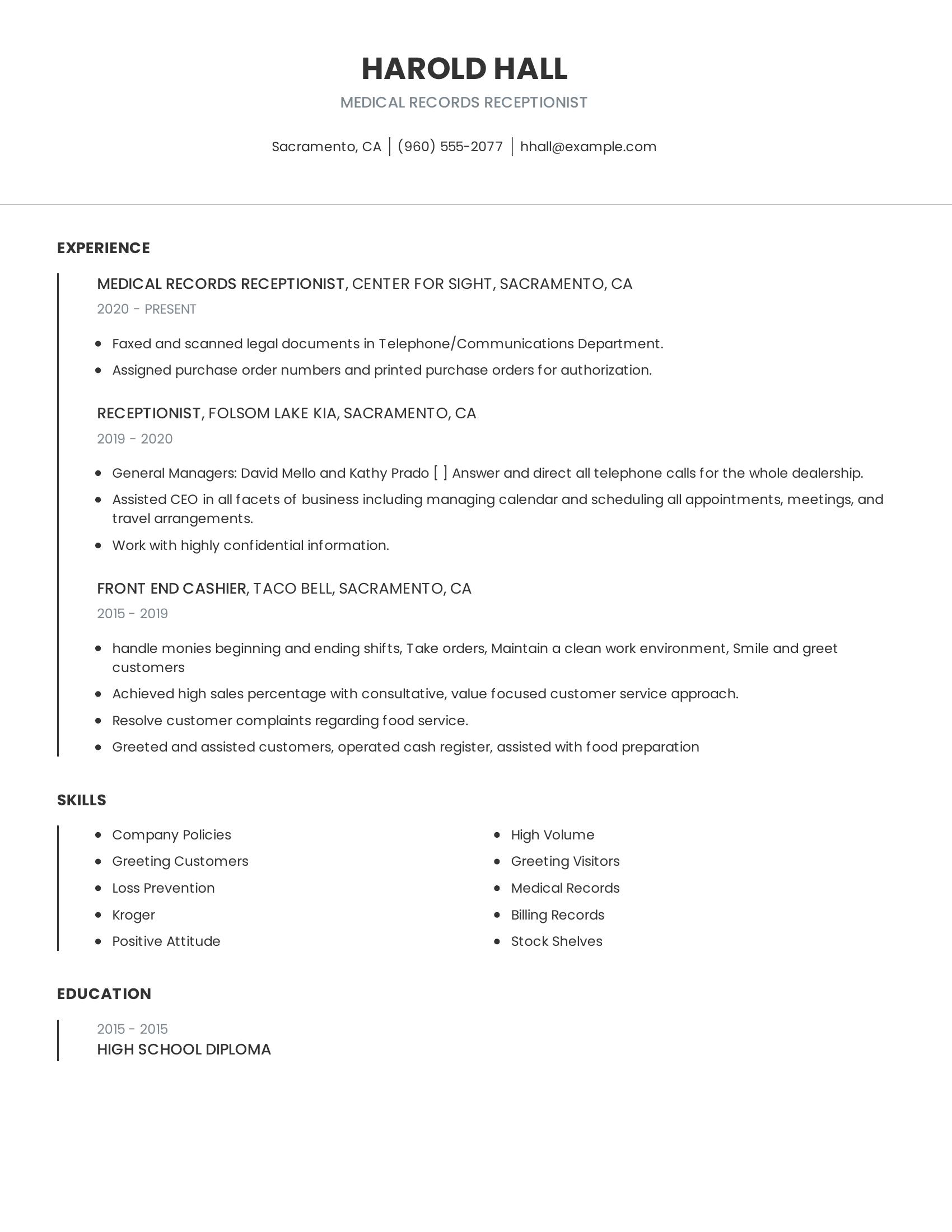 Medical Records Receptionist resume example