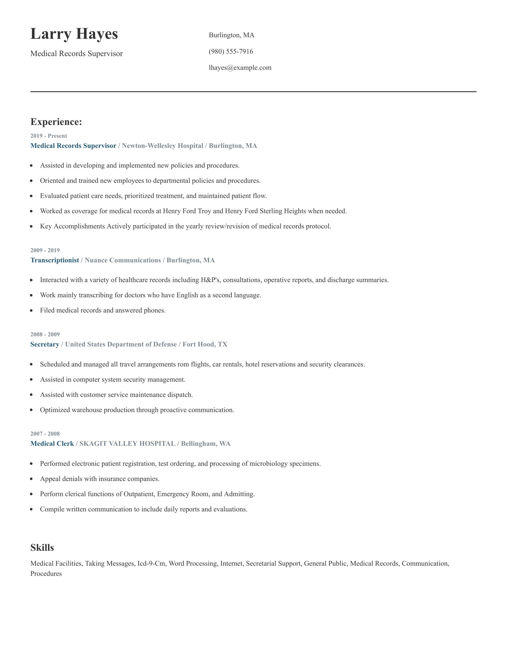 Medical Records Supervisor resume example