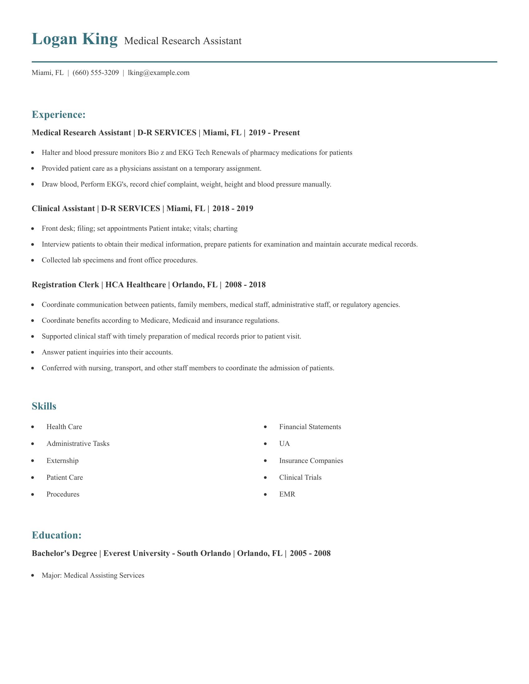 Medical Research Assistant resume example