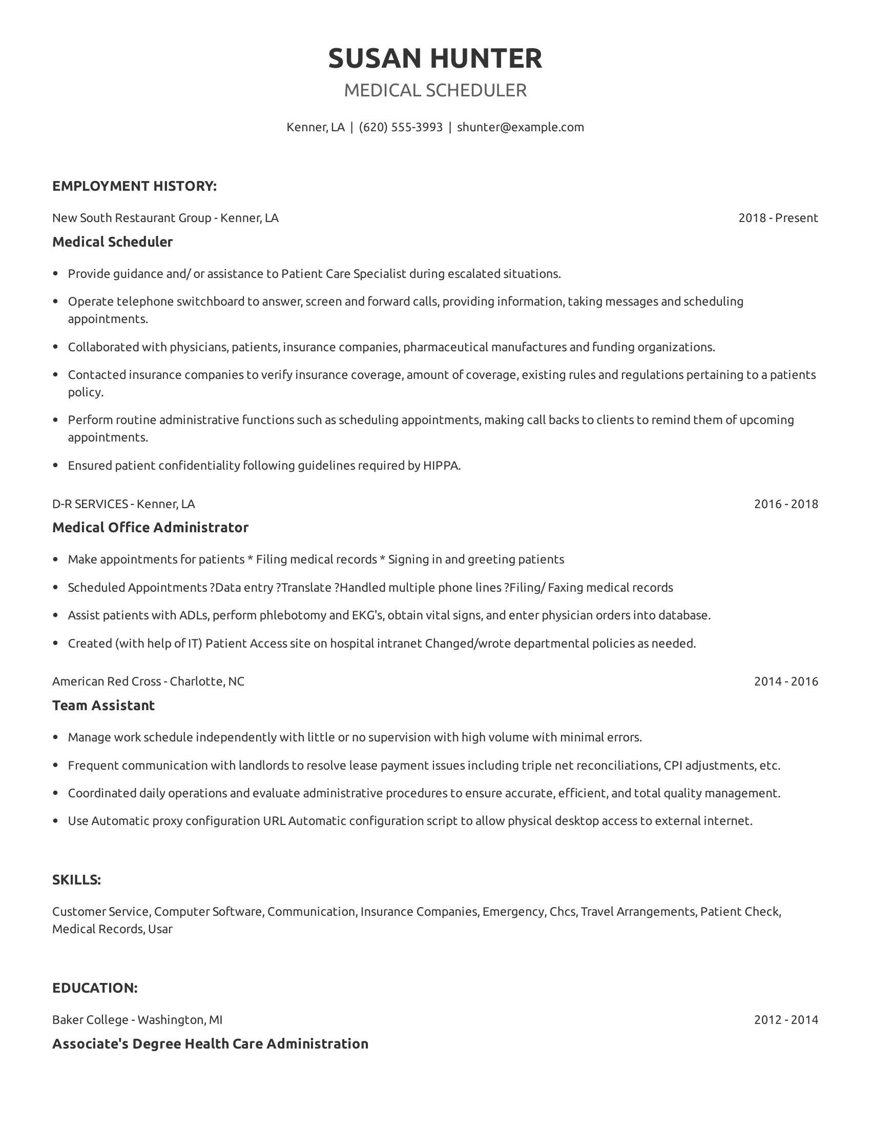 Medical Scheduler resume example