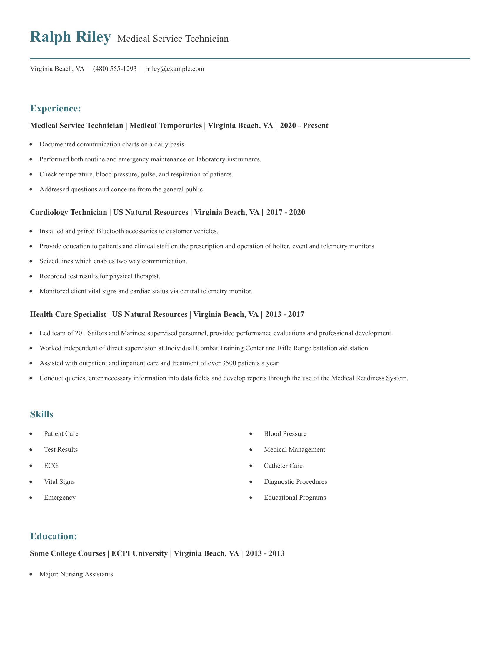 Medical Service Technician resume example