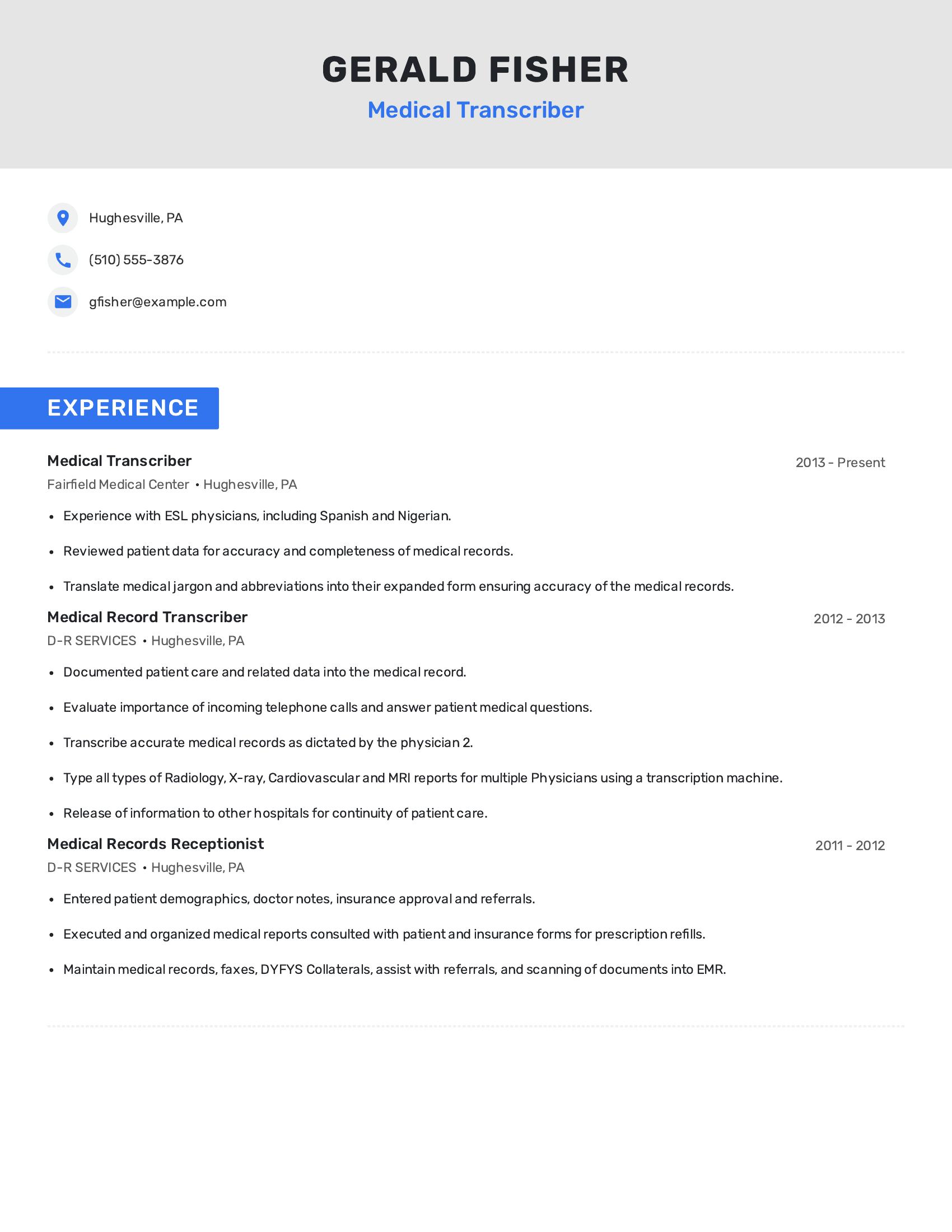 Medical Transcriber resume example