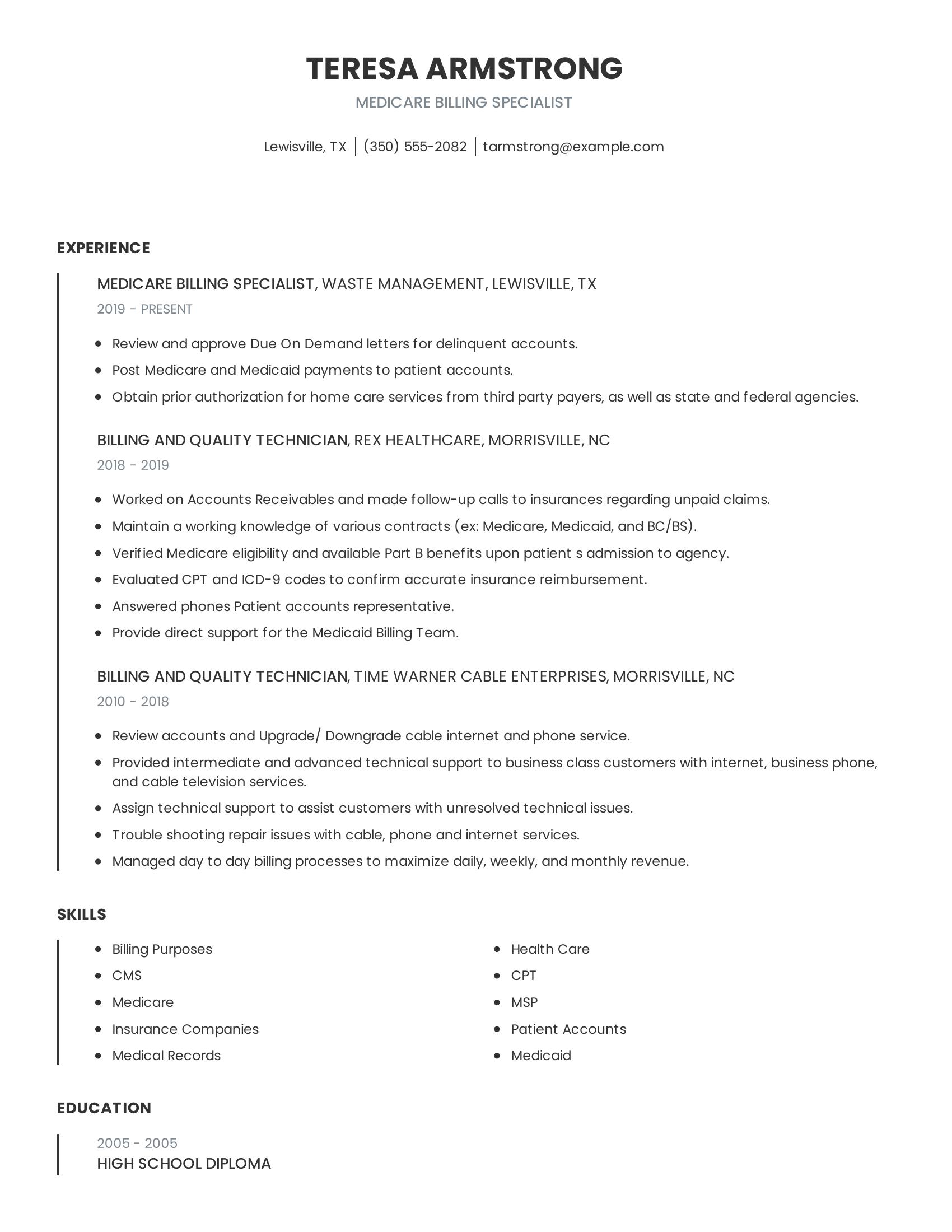 Medicare Billing Specialist resume example