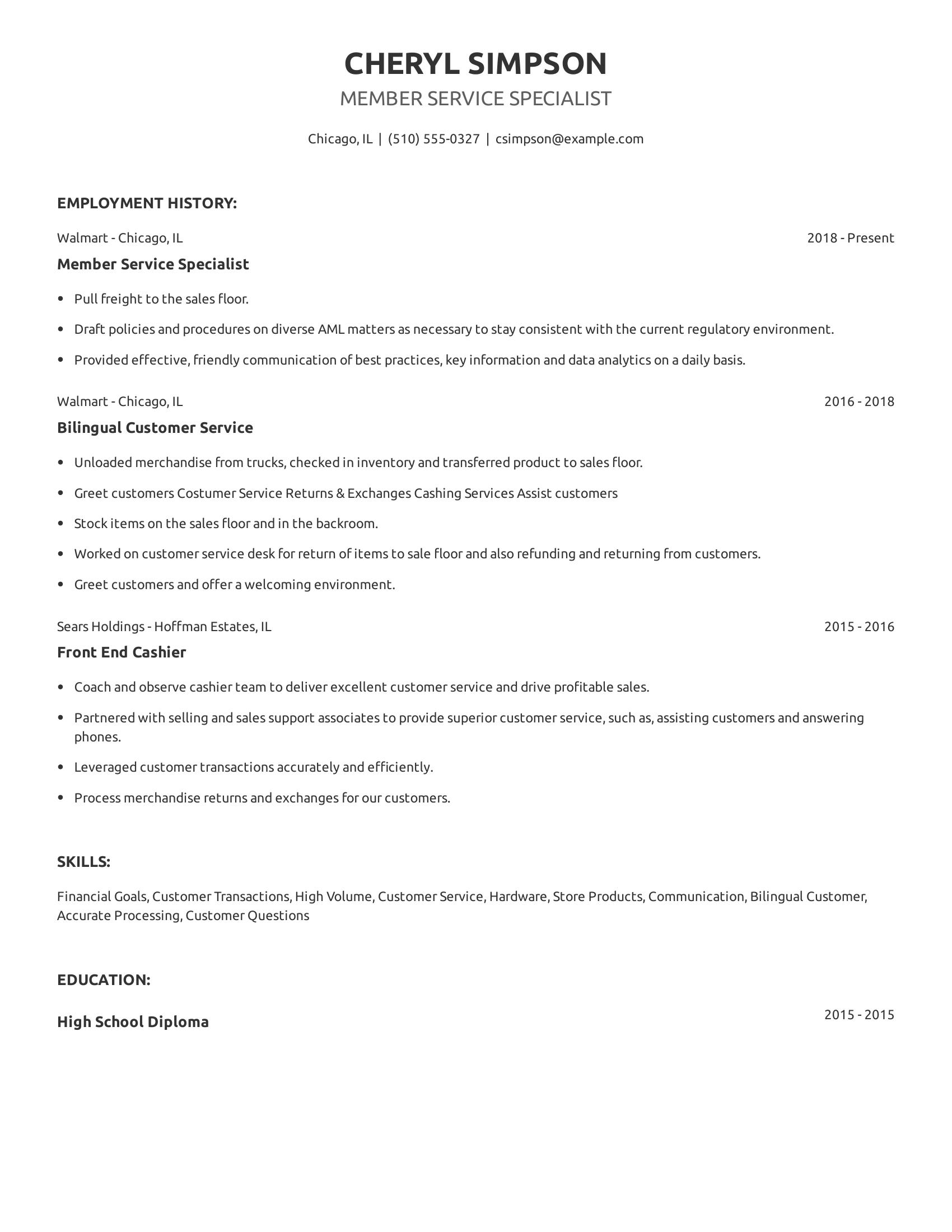 Member Service Specialist resume example