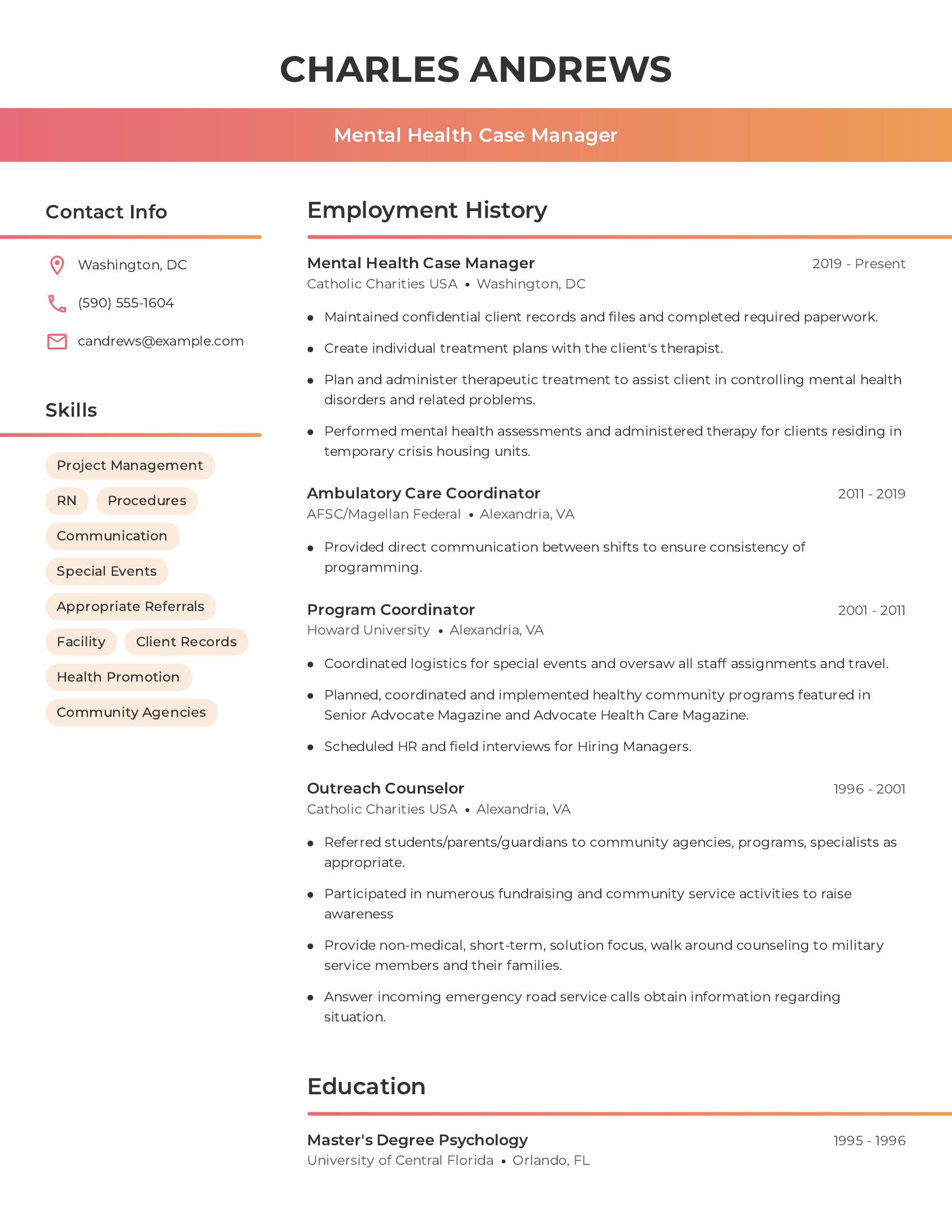 Mental Health Case Manager resume example