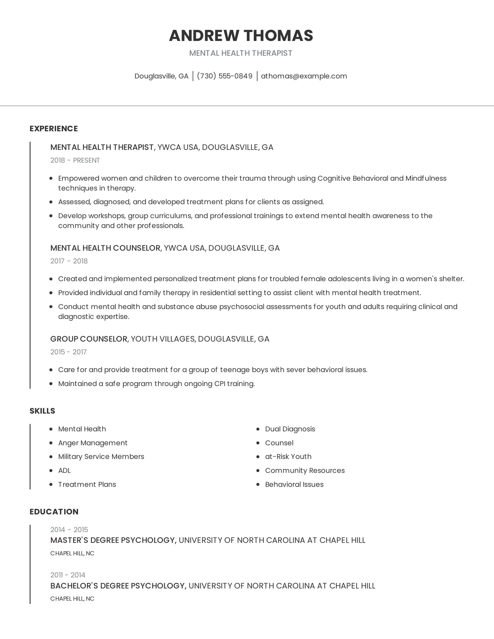 Mental Health Therapist resume example