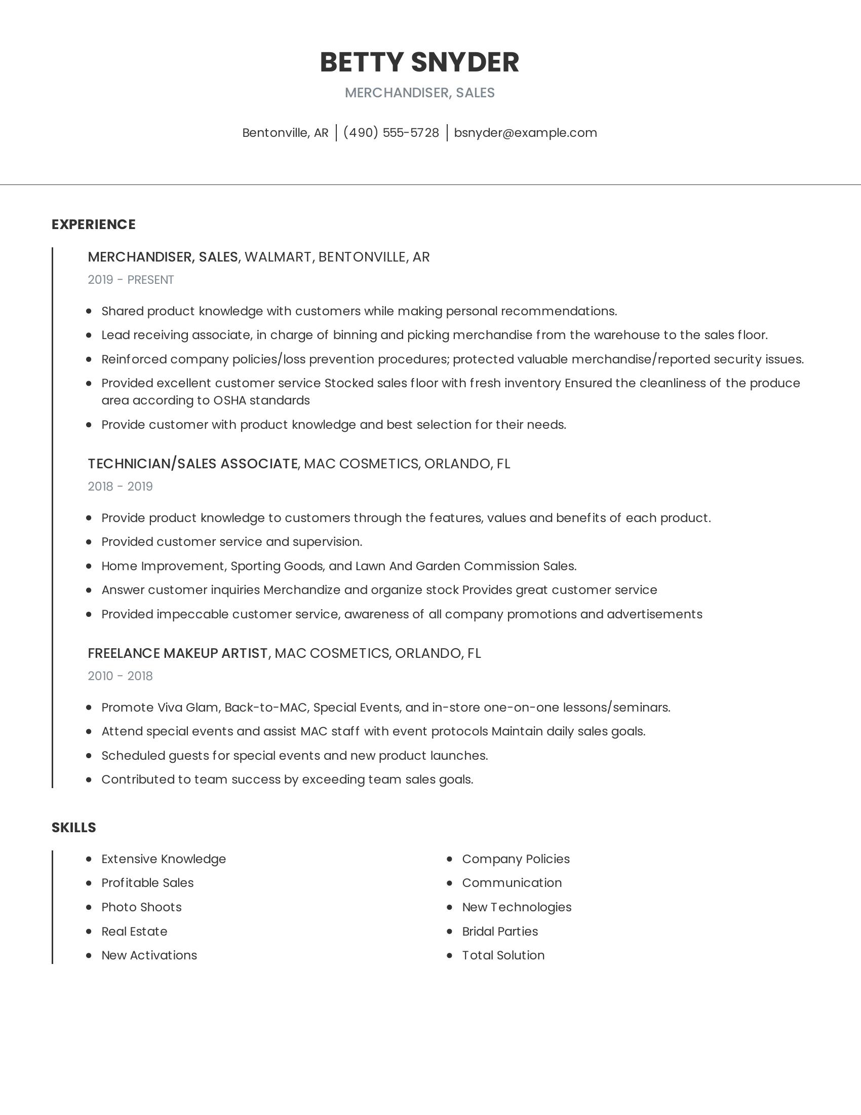 Merchandiser, Sales resume example