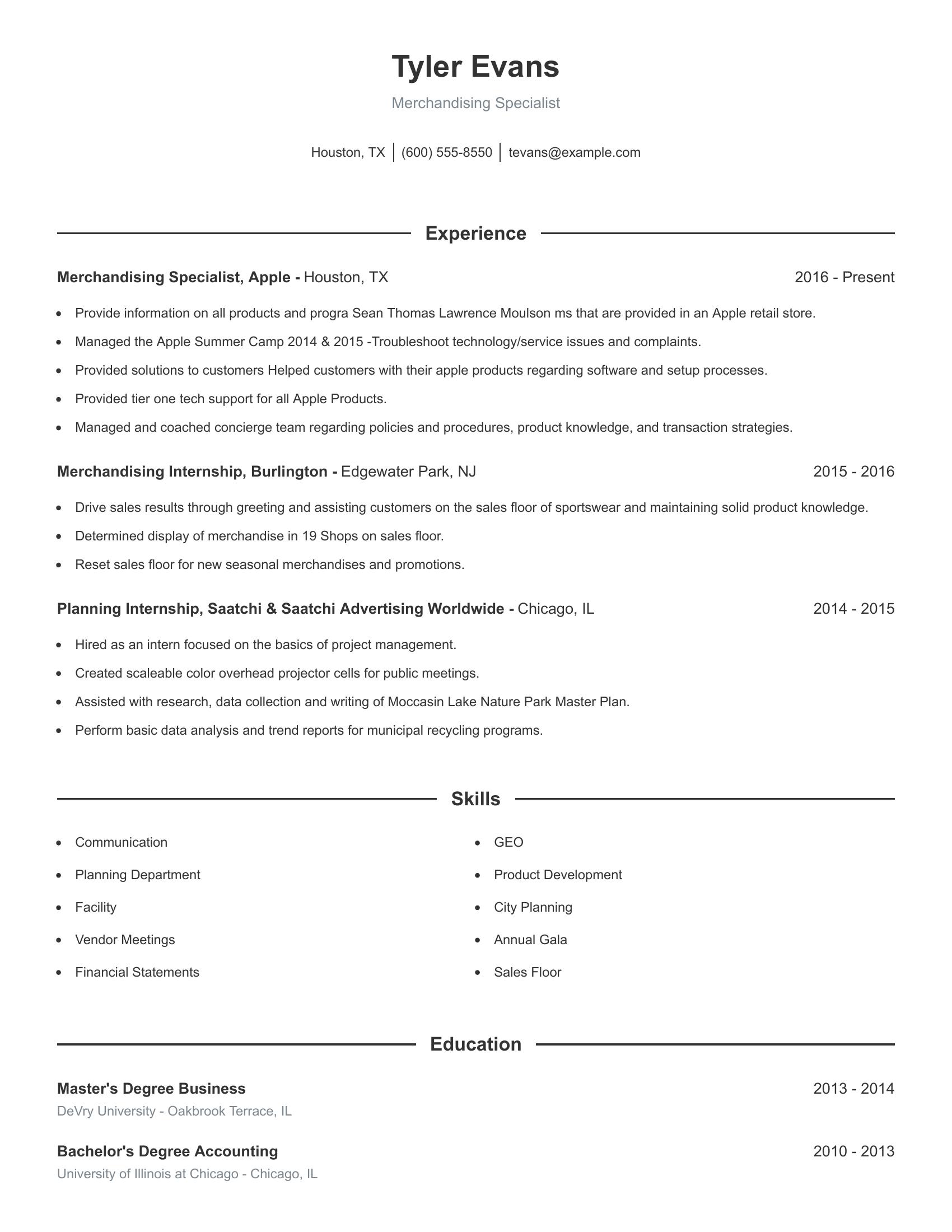 Merchandising Specialist resume example